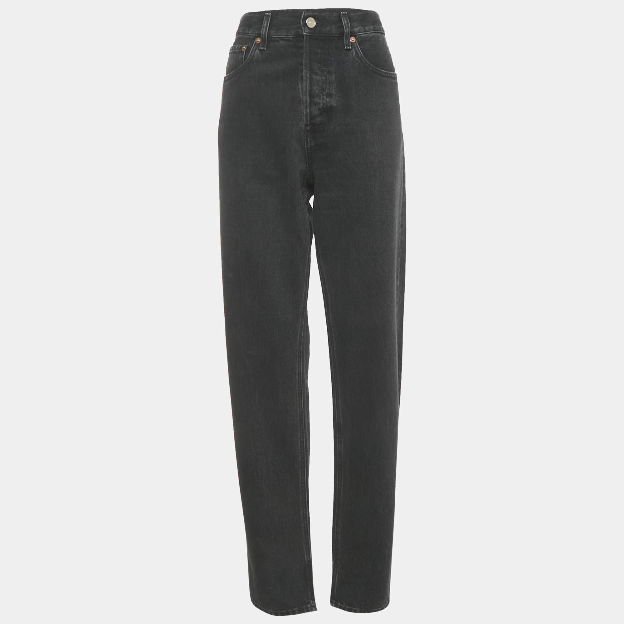 مملوكة مسبقًا بنطلون جينز غوتشي أزرق داكن بتفاصيل قوس قزح بحافة خام خصر 27 إنش مقاس صغير