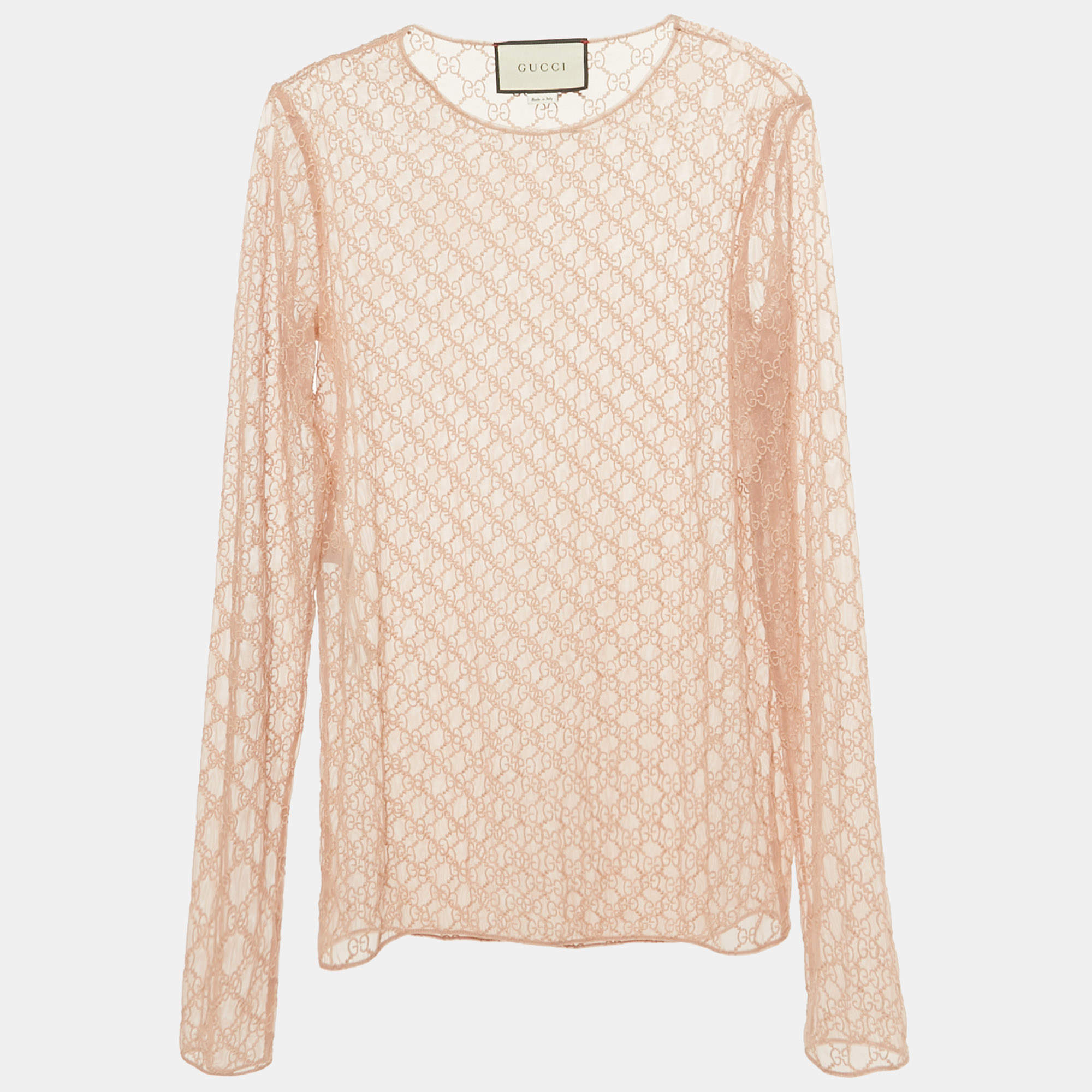 Pre Owned Gucci Pink GG Embroidered Tulle Long Sleeve Sheer Top S