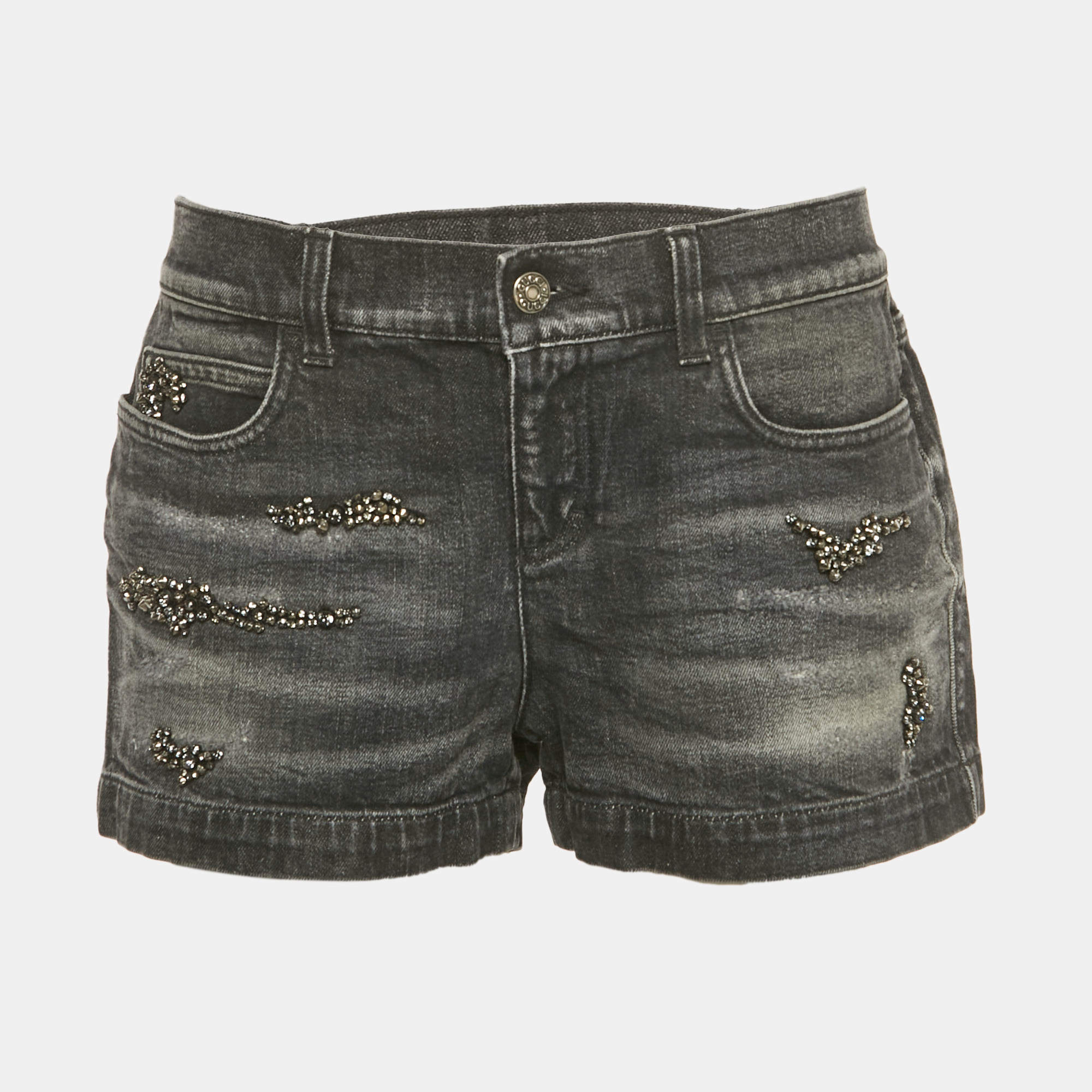 Pre Owned Gucci Black Washed Embellished Denim Shorts M Waist 30" 