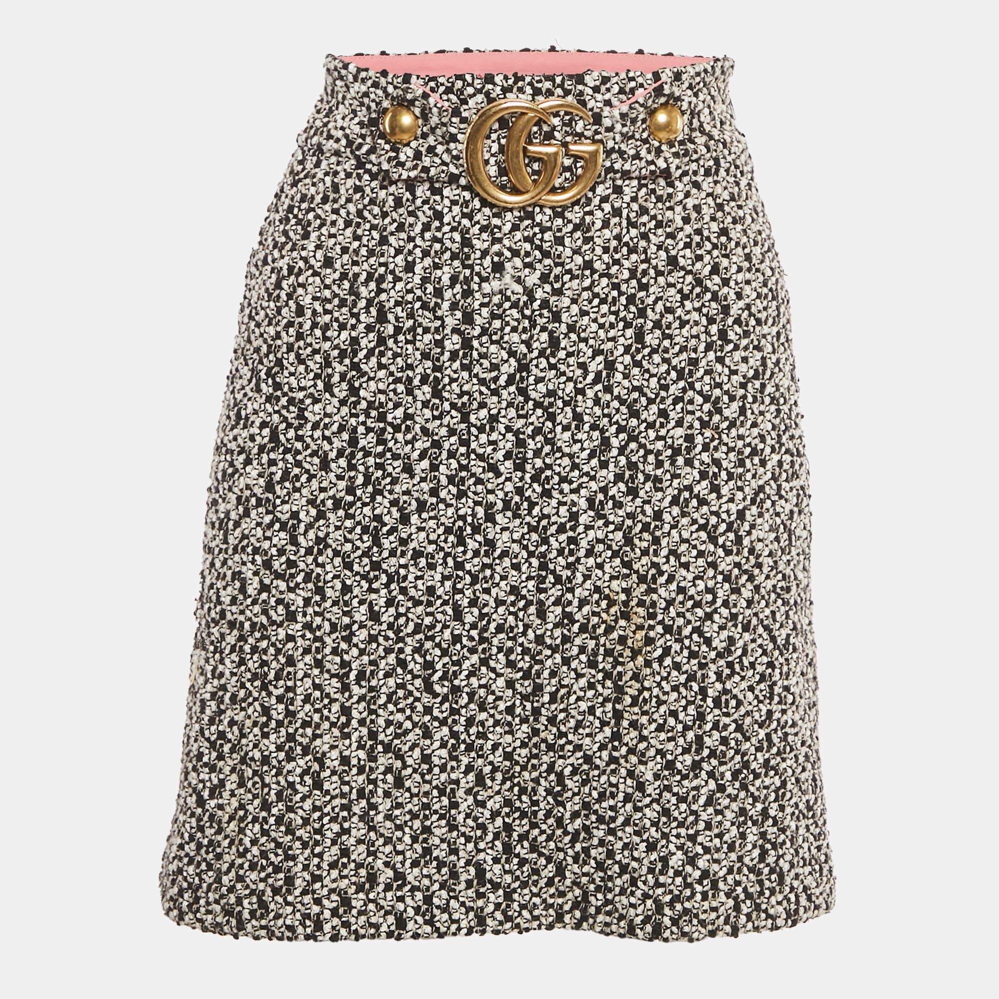 Pre Owned Gucci Black/White Tweed GG Logo Metal Detail Mini Skirt S