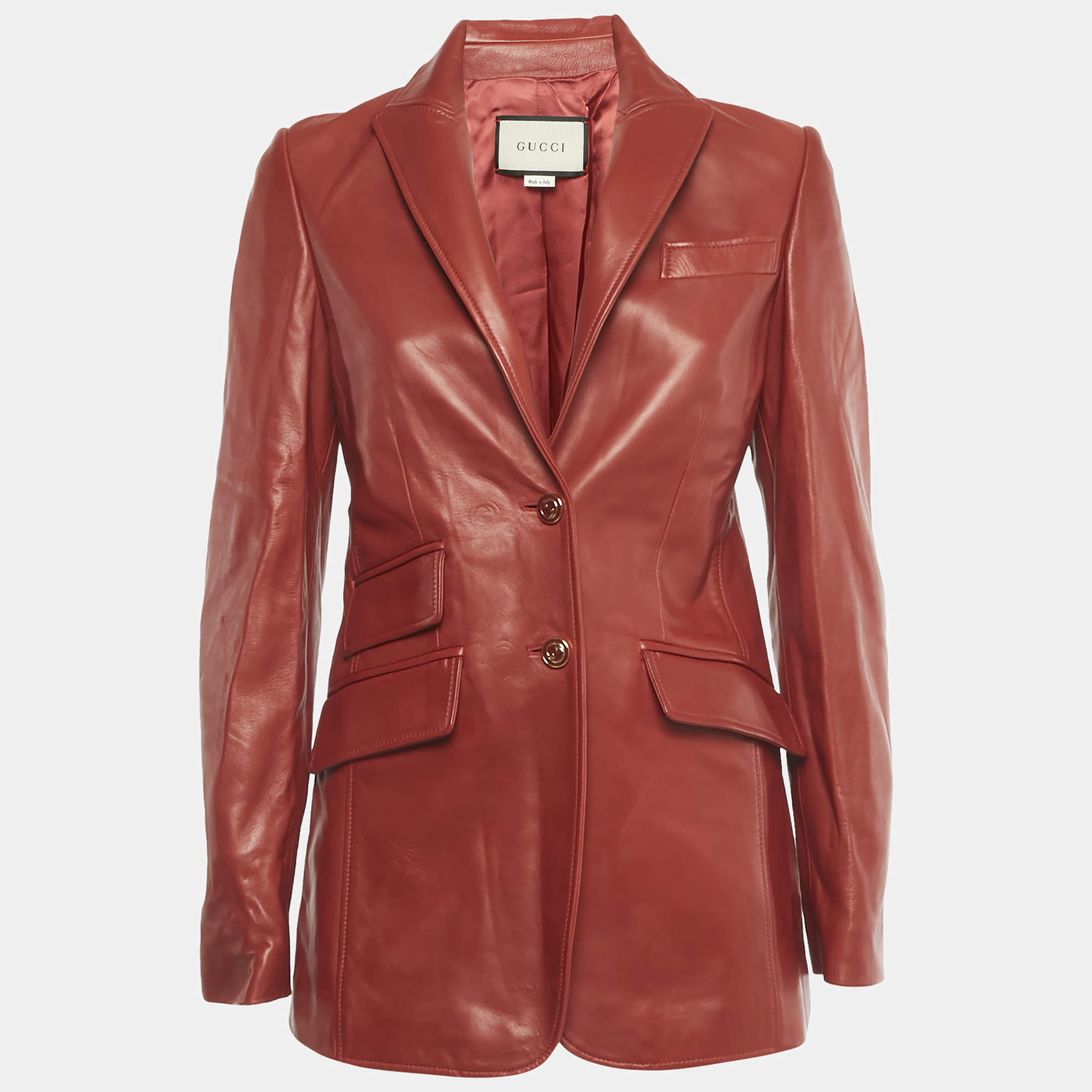 Pre Owned Gucci Red Leather Tailored Single Breasted Blazer M