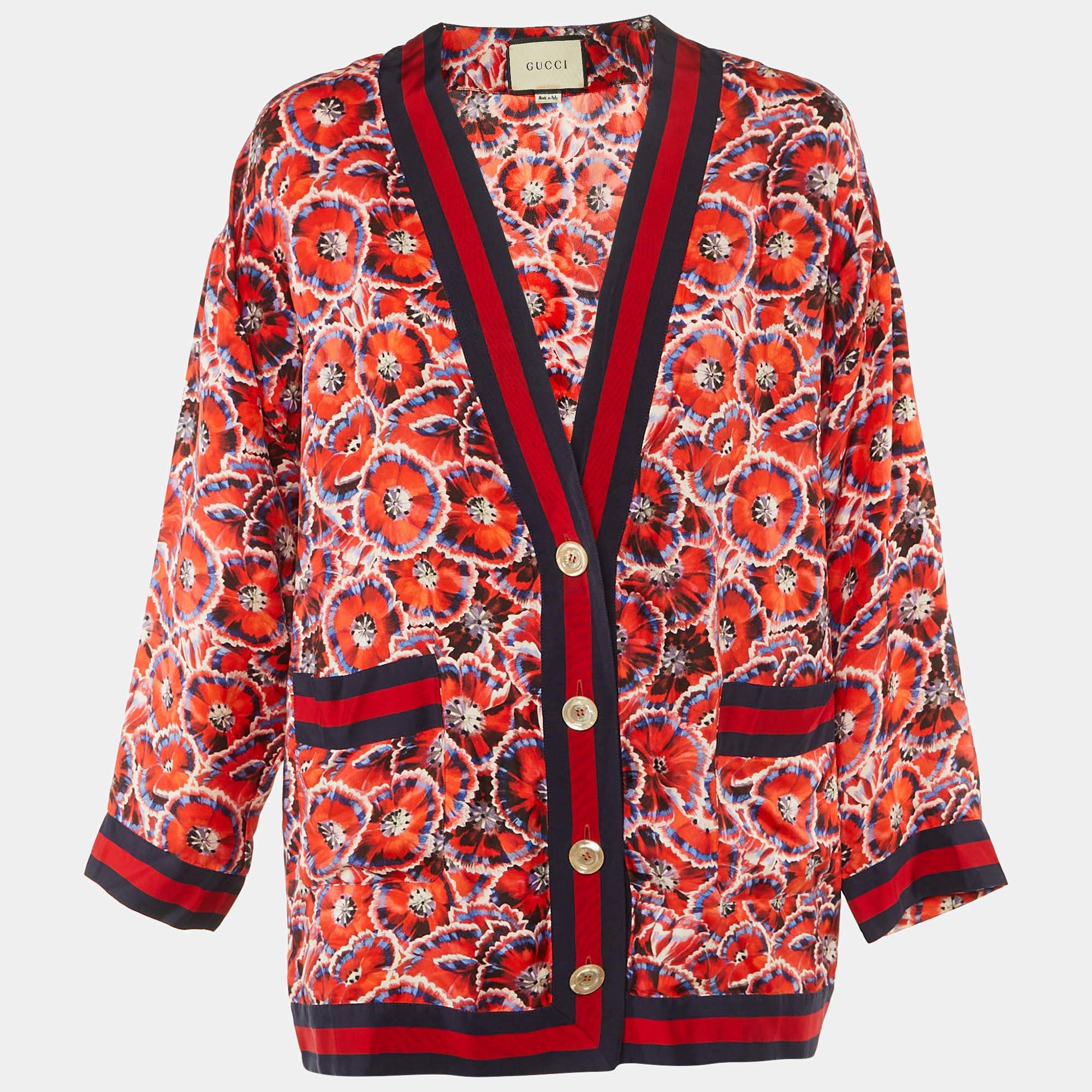 Pre Owned Gucci Red Poppy Print Silk Button Front Pajama Top S