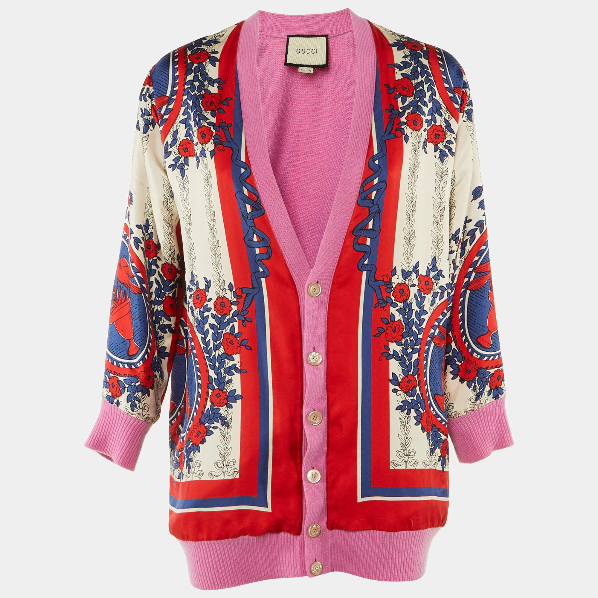 Pre Owned Gucci Pink Carillon Print Silk & Wool Reversible Cardigan L