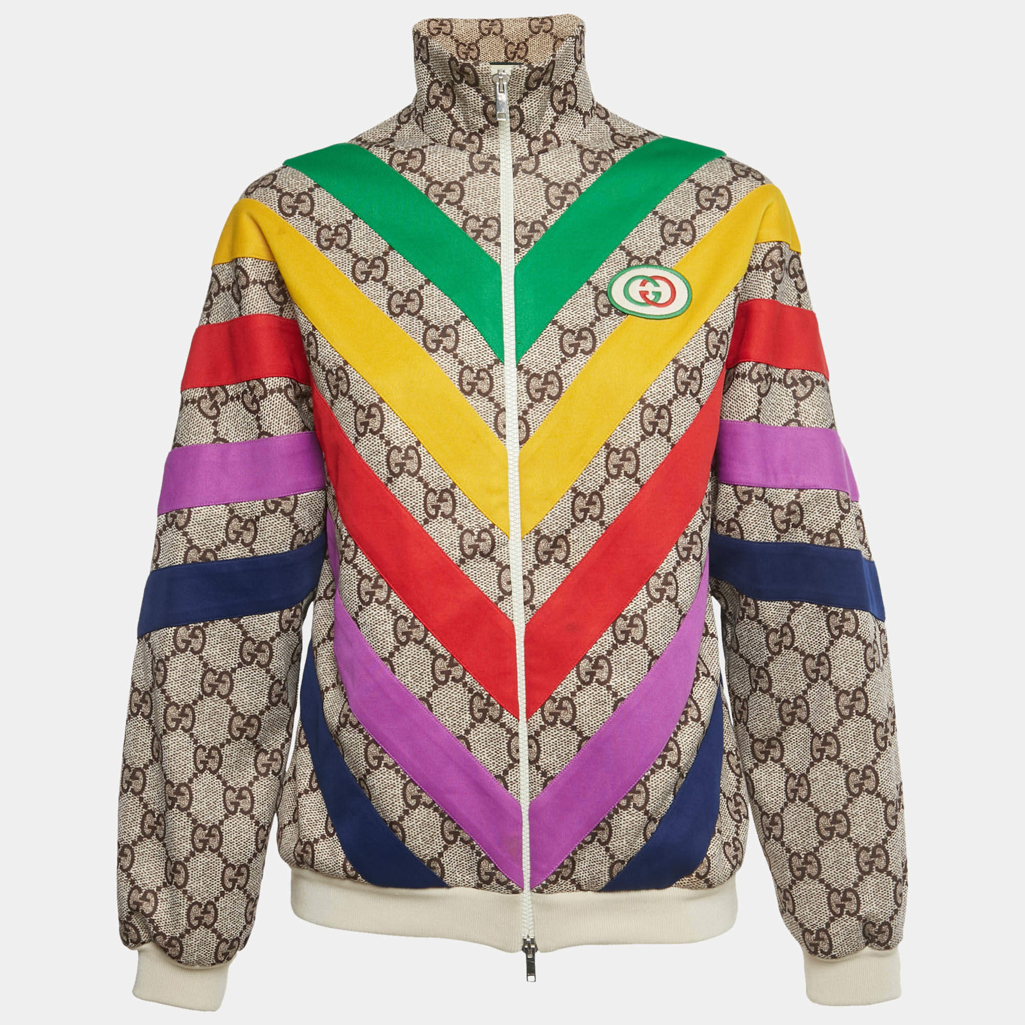 Pre Owned Gucci Beige GG Rainbow Jersey Zip Up Jacket XXS