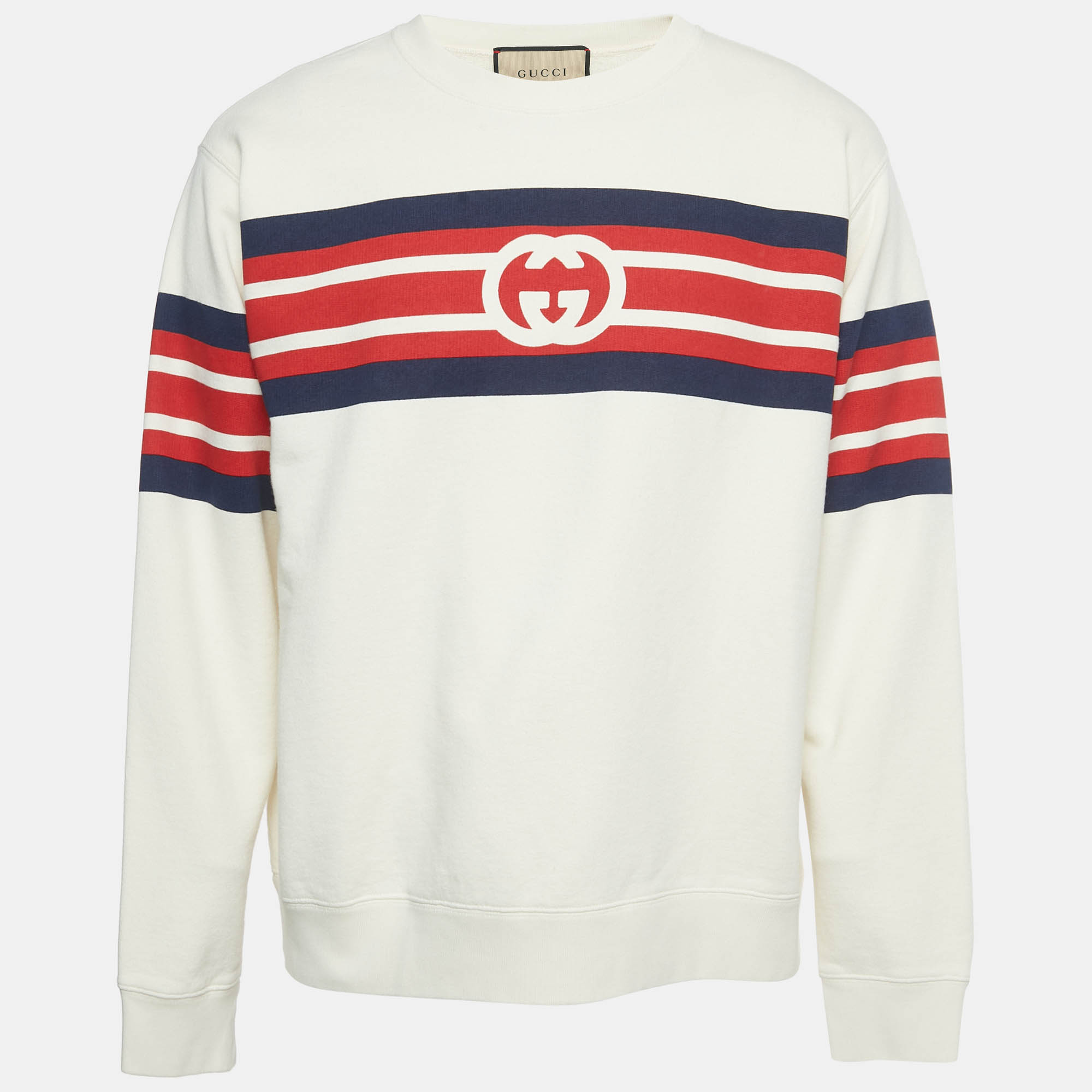 Pre Owned Gucci Cream Logo Print Cotton Crewneck Sweatshirt M