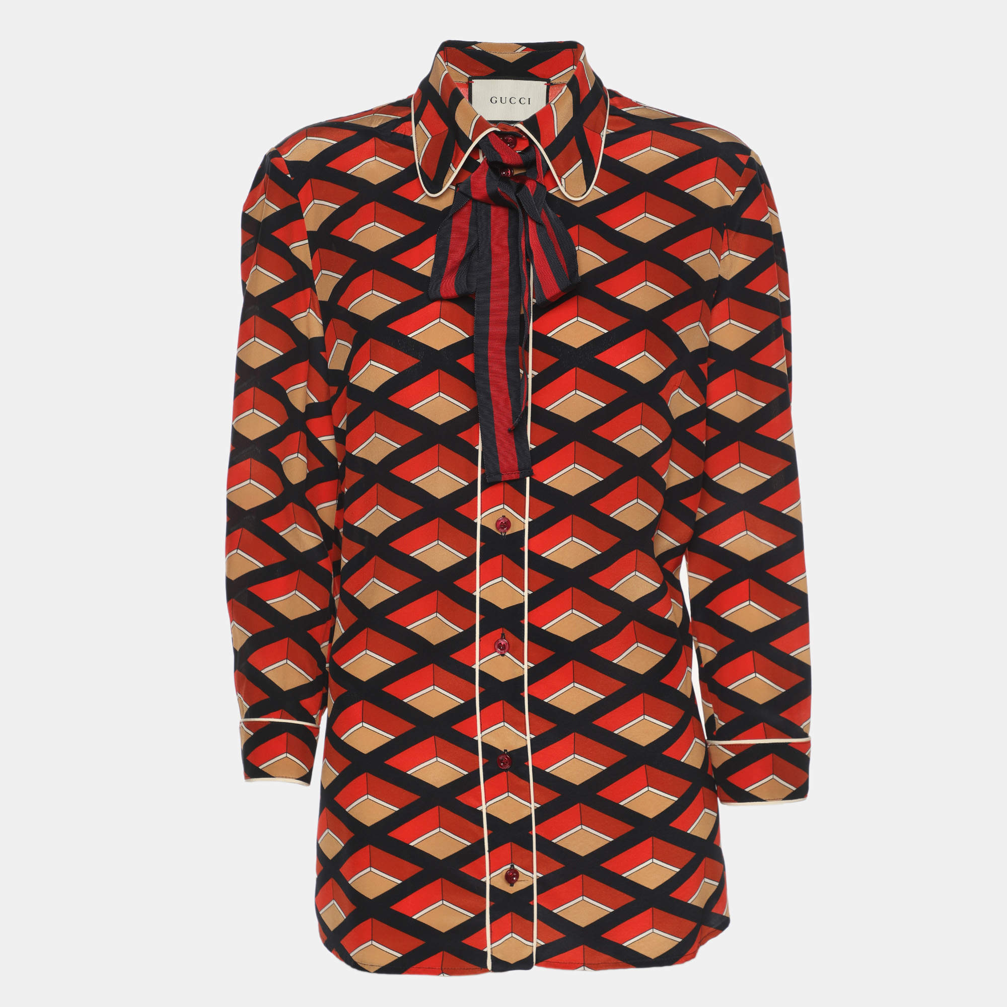 Pre Owned Gucci Multicolor Rhombus Print Crepe Long Sleeve Tops M