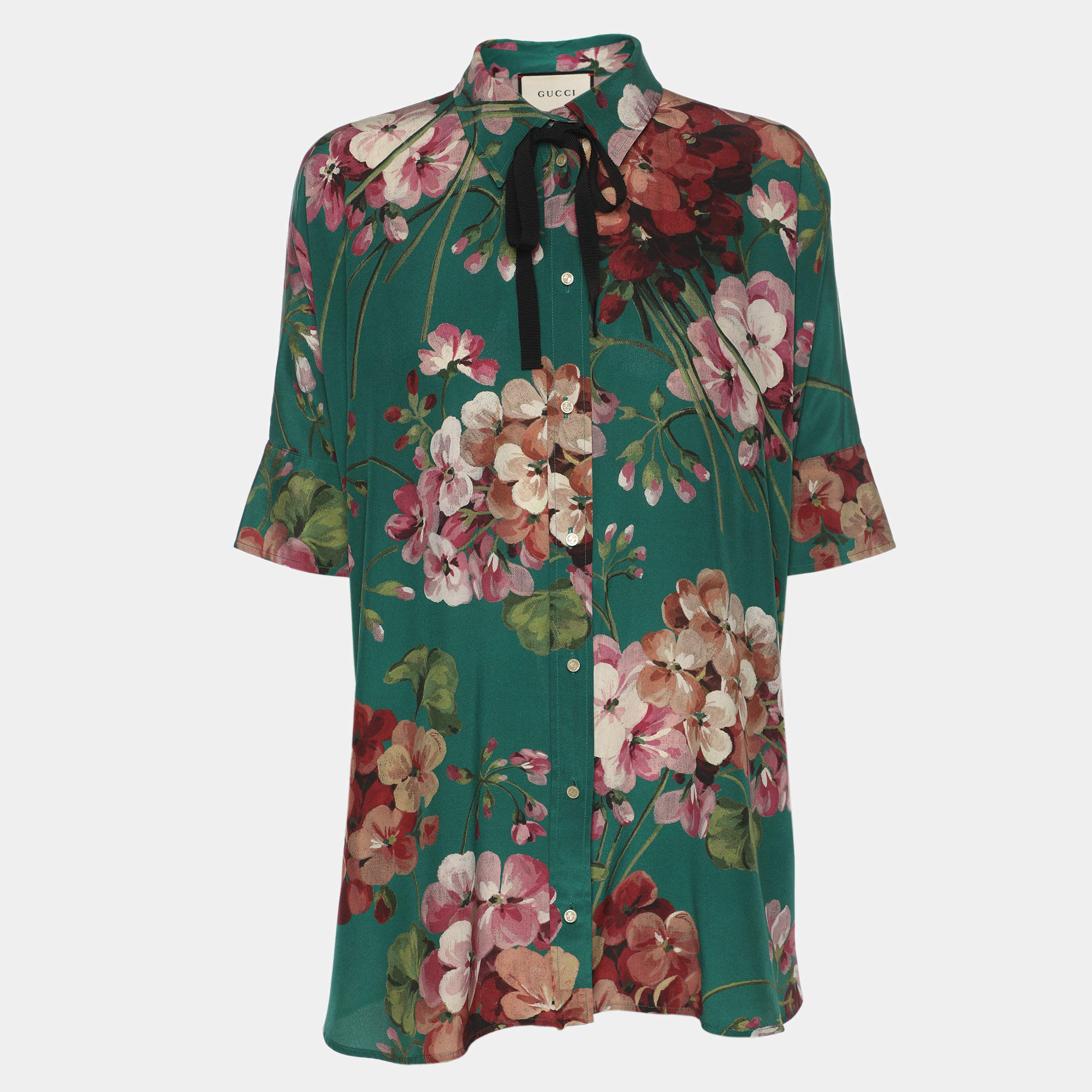 Pre Owned Gucci Green Floral Printed Silk Neck Tie Detail Shirt M