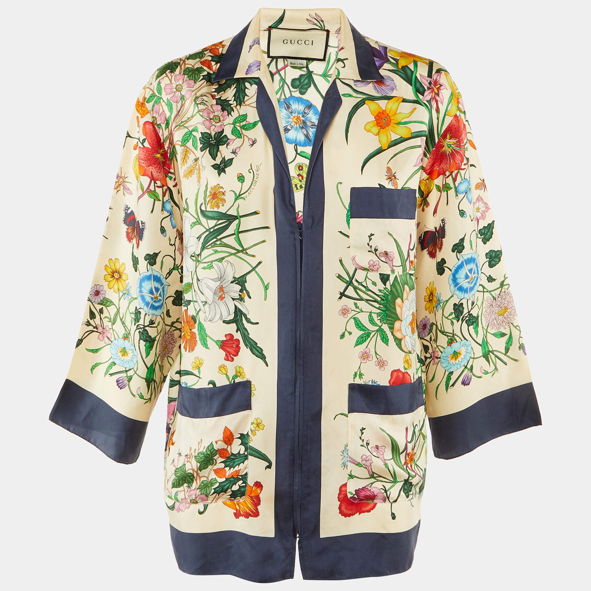 Pre Owned Gucci Beige Floral Print Silk Button Front Foulard Shirt M
