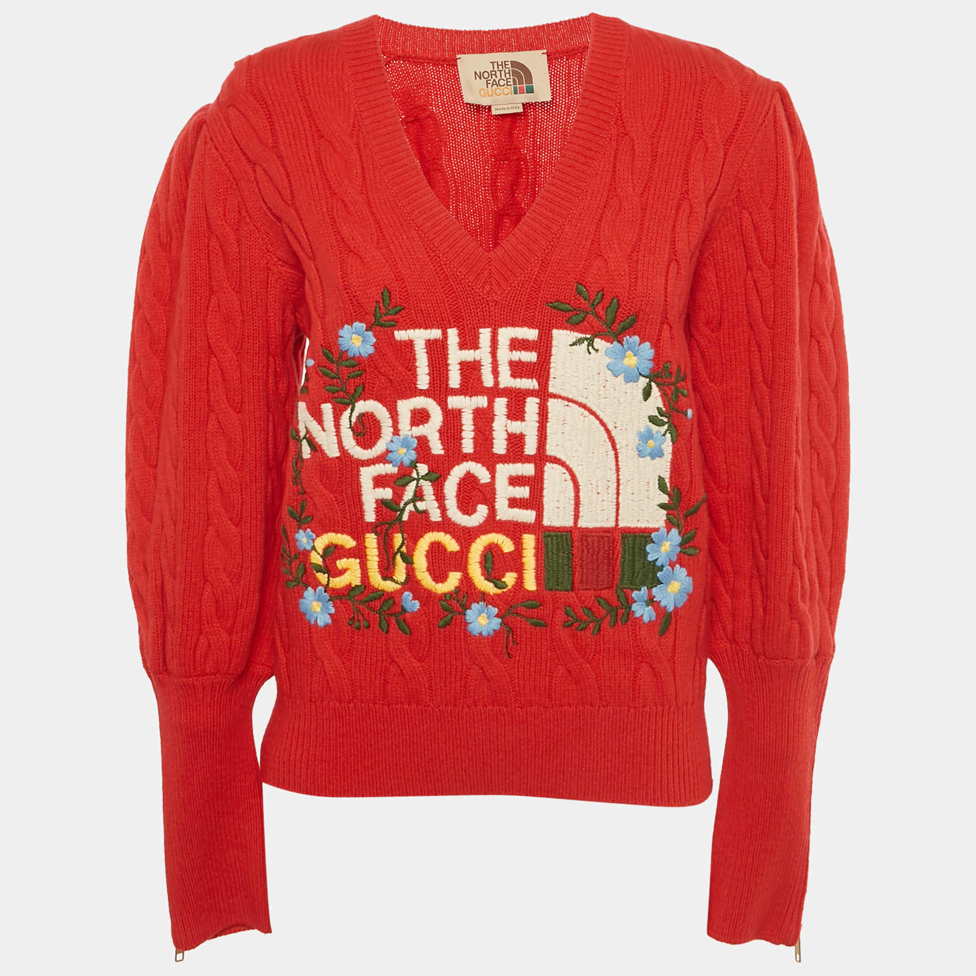 Pre Owned Gucci x The North Face Red Rose Embroidered Cable Knit Sweater M