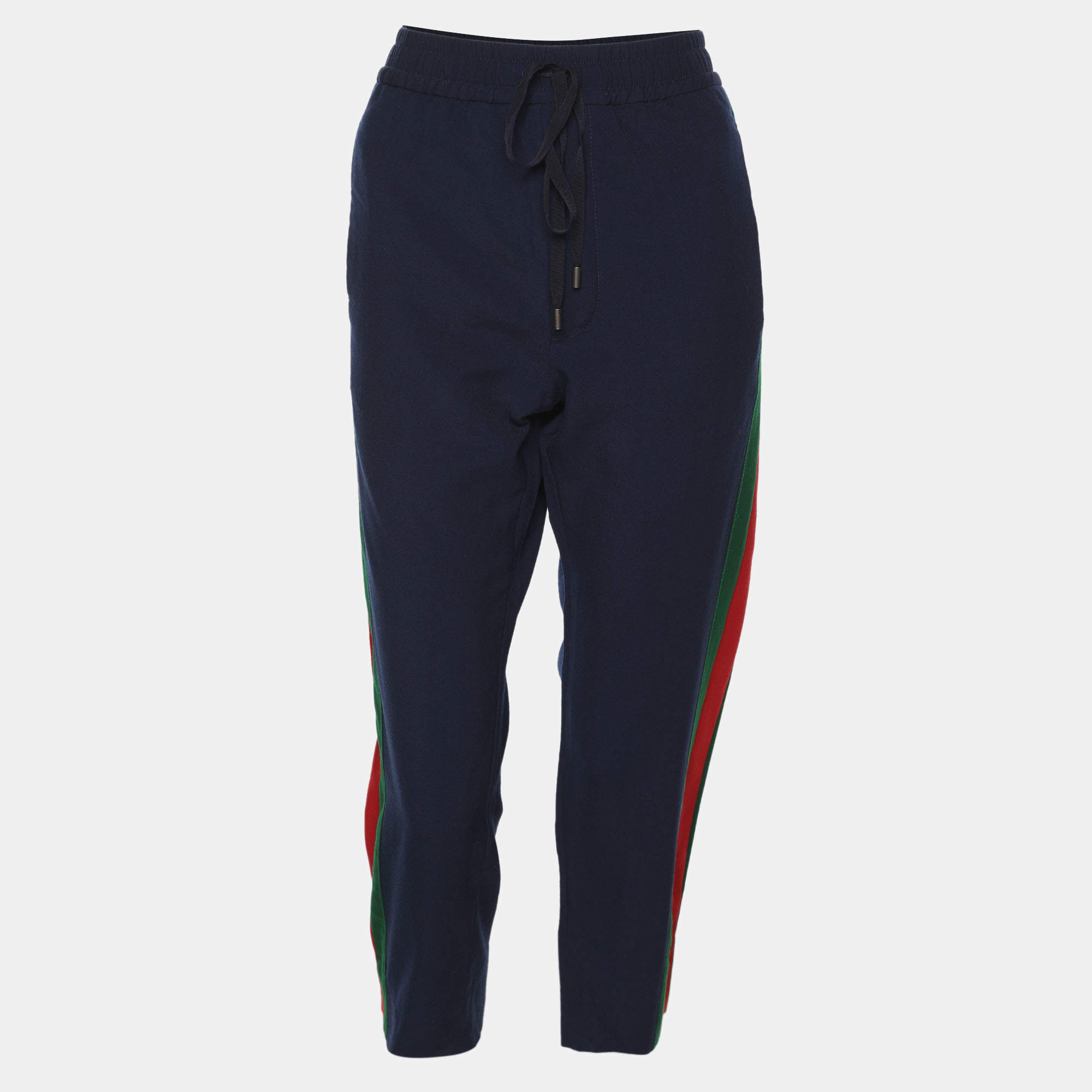 Pre Owned Gucci Navy Blue Wool Blend Web Striped Cropped Pants M