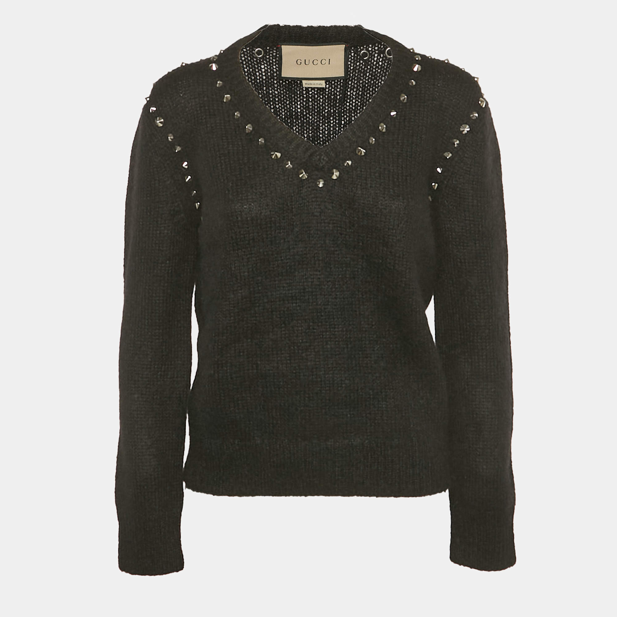 Pre Owned Gucci Black Studded Mohair Wool V-Neck Sweater S
