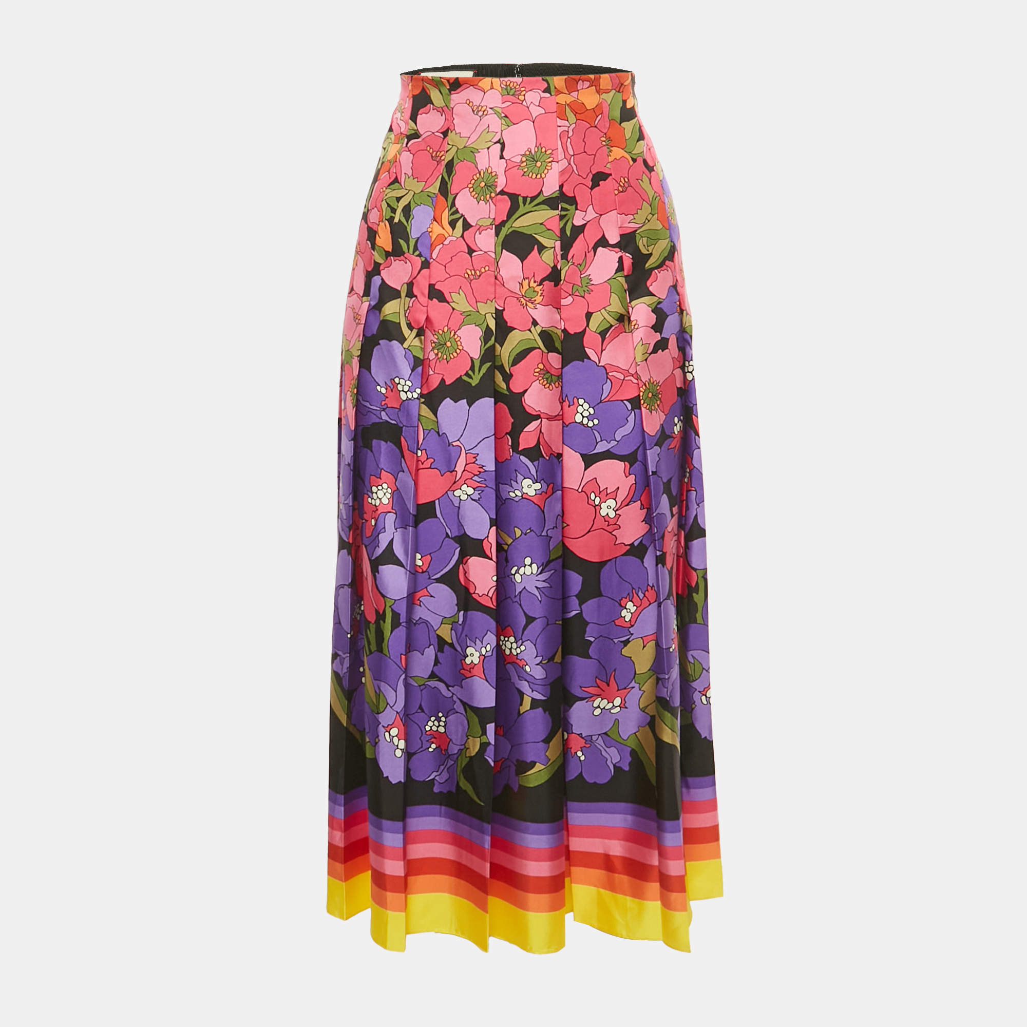 Pre Owned Gucci Pink/Purple Floral Print Silk Pleated Midi Skirt M
