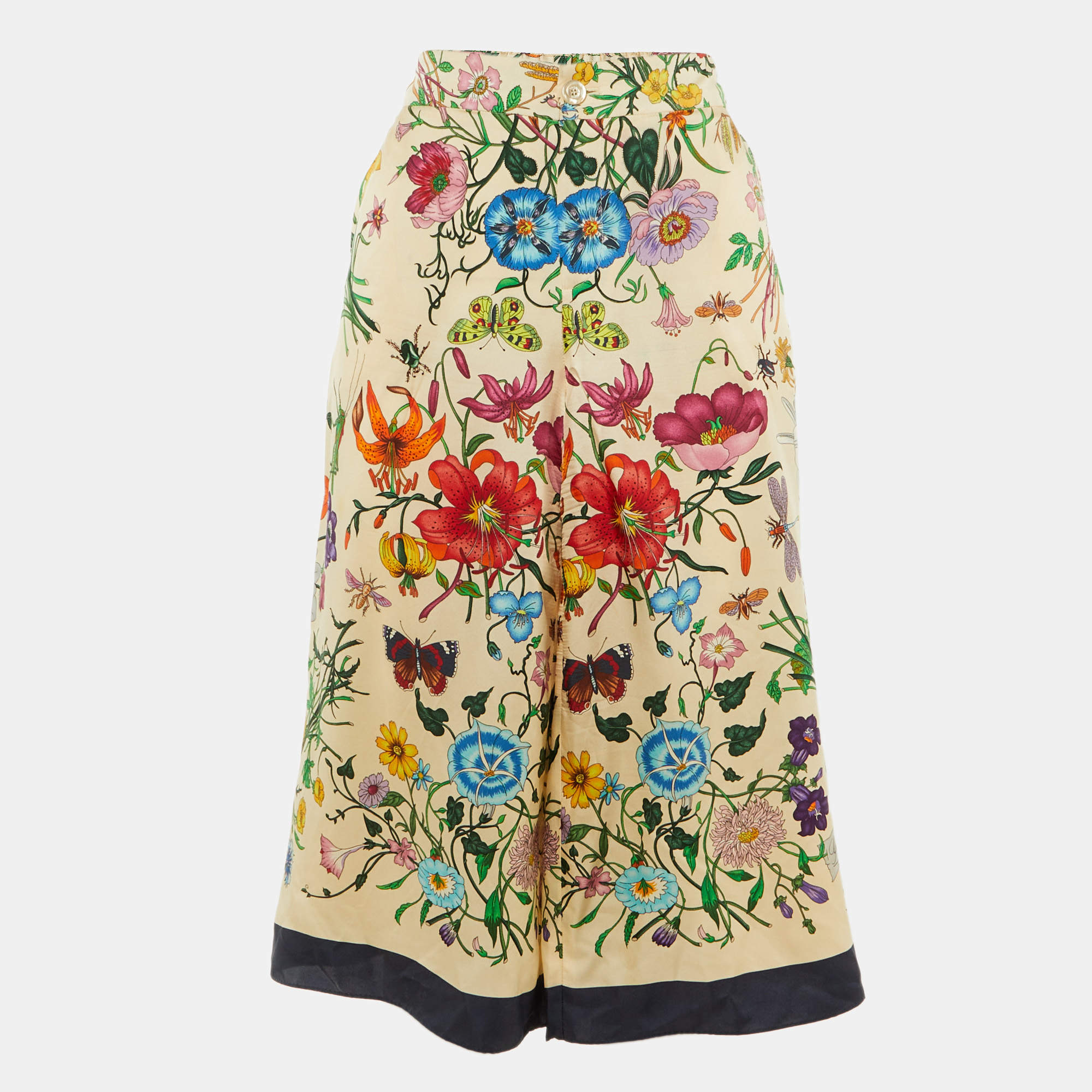 Pre Owned Gucci Beige Floral Print Silk Culottes M