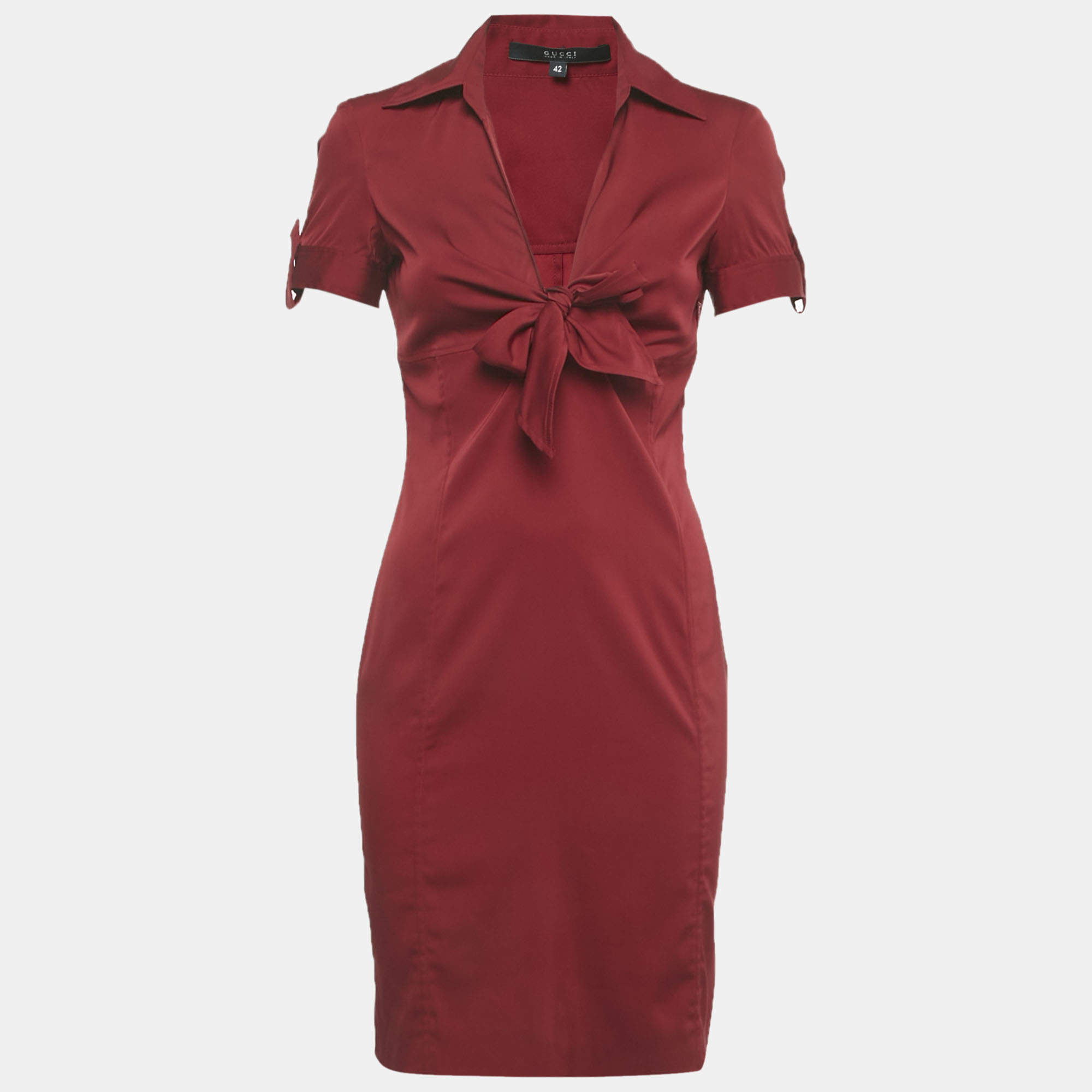 Pre Owned Gucci Red Satin Silk Knotted Mini Dress M