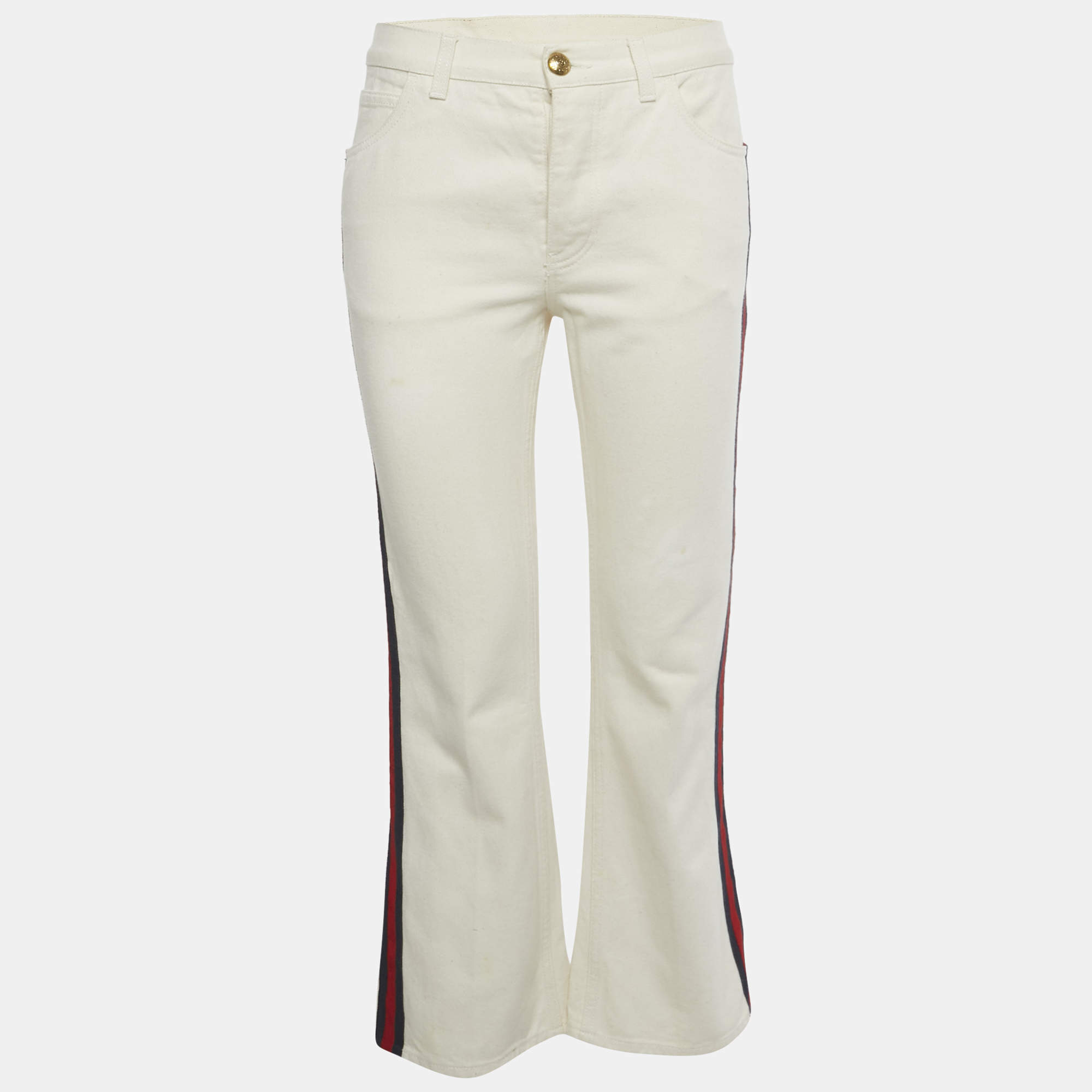 Pre Owned Gucci Beige Web Trim Denim Hypnotism Jeans S/Waist 28"