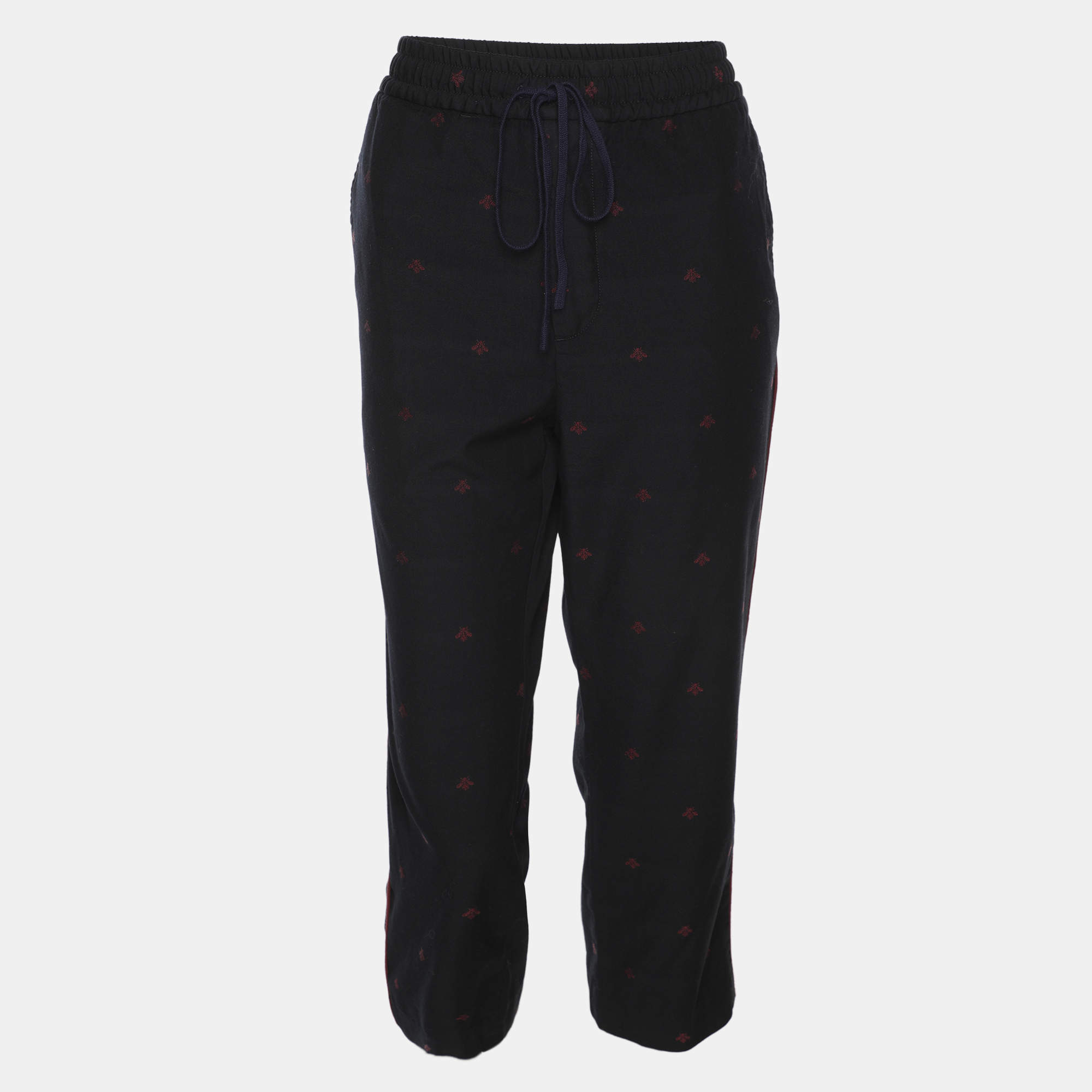 Pre Owned Gucci Black Wool Contrast Trim & Bees Detailed Gabardine Pants M