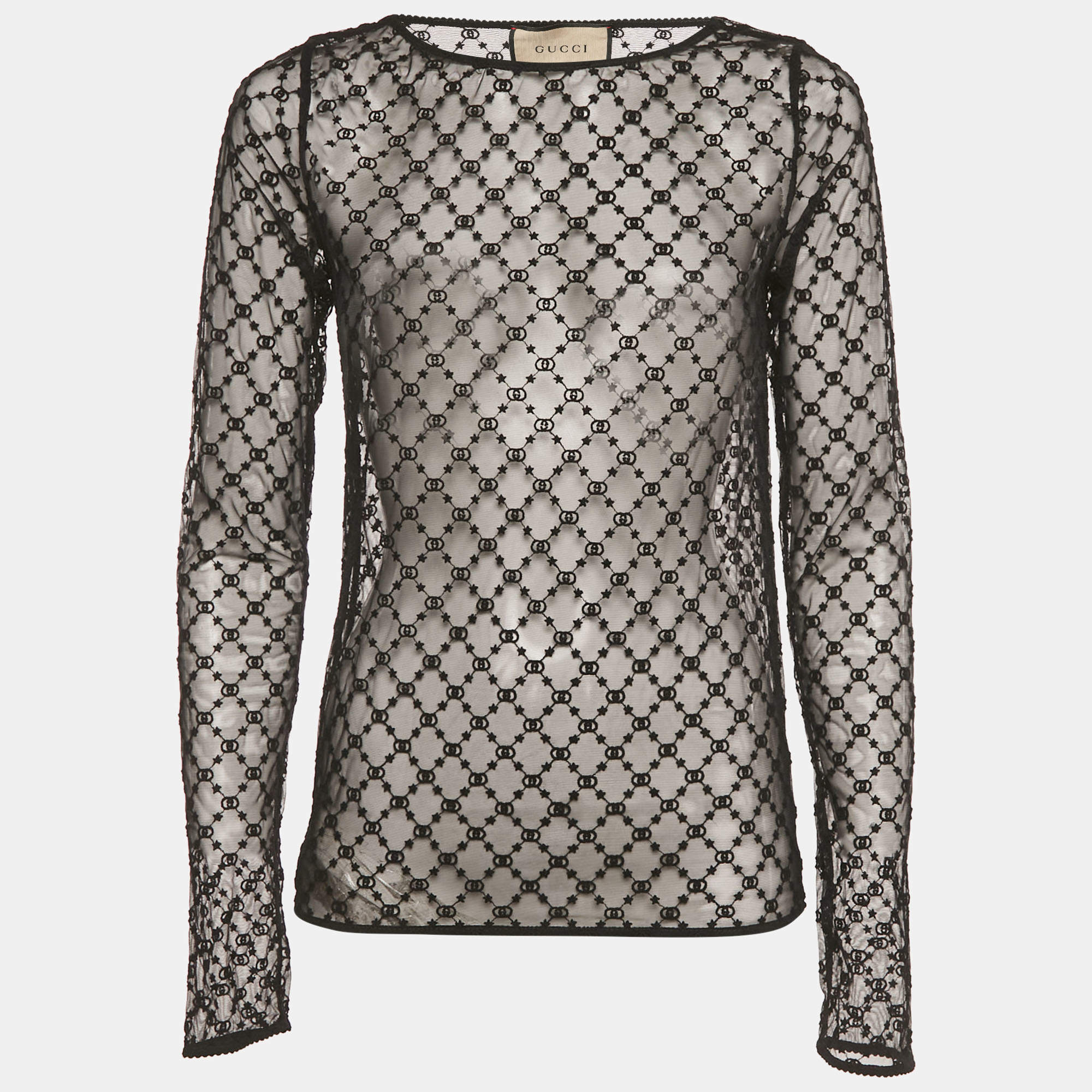 Pre Owned Gucci Black GG and Stars Embroidered Tulle Sheer Top S