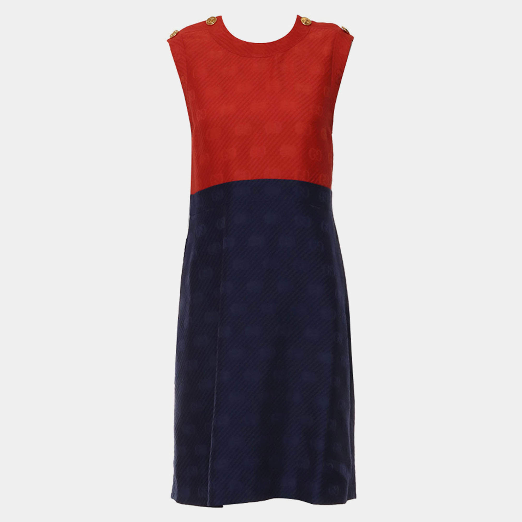 Pre Owned Gucci Blue/Red  Silk Wool Textured Two Tone Sleeveless Dress