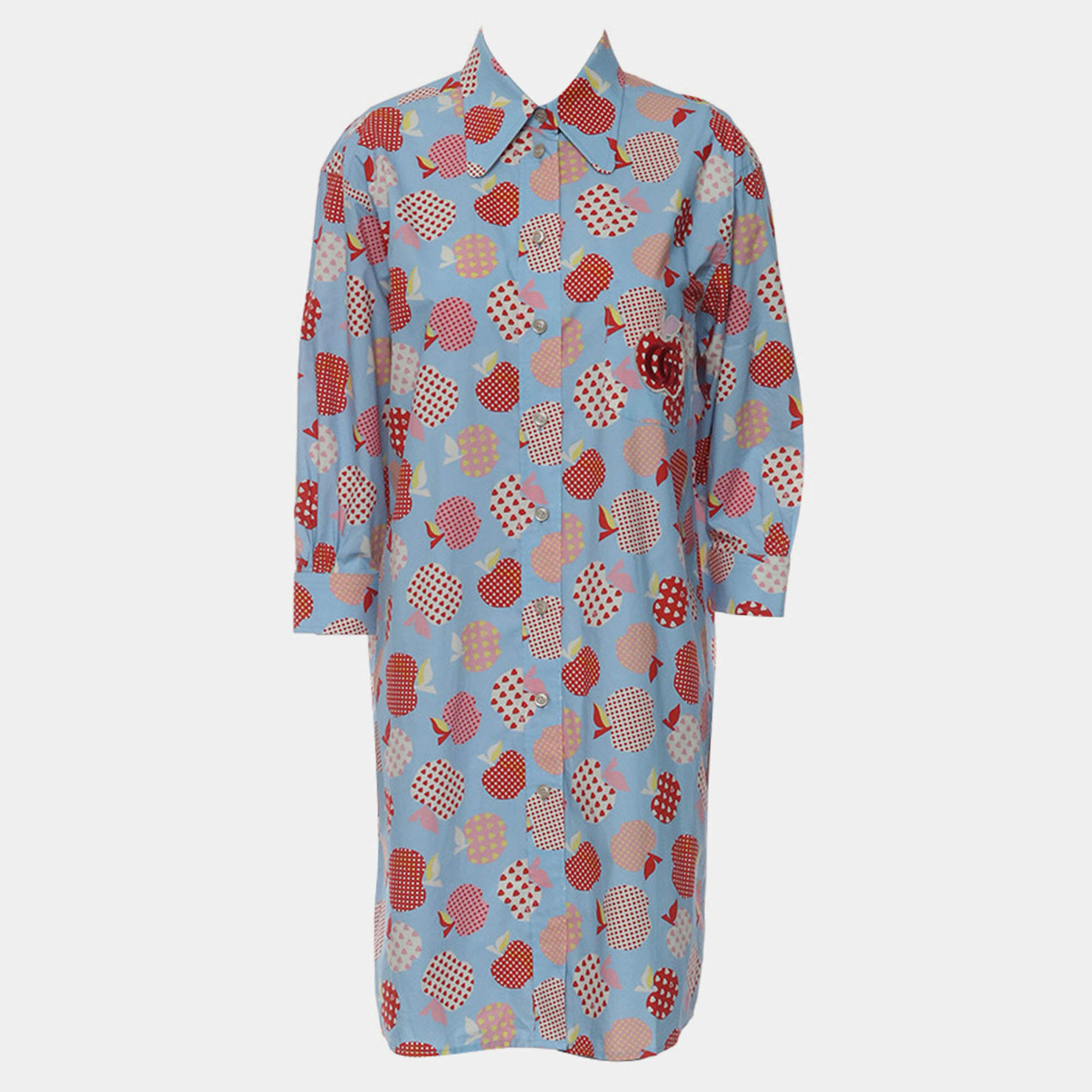 Pre Owned Gucci Blue Cotton Apple Printed Shirt Dress