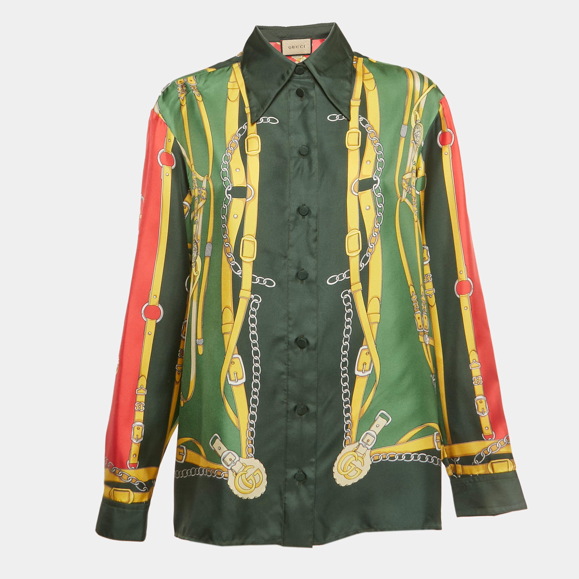 Pre Owned Gucci Green/Red Printed Silk Long Sleeve Shirt M