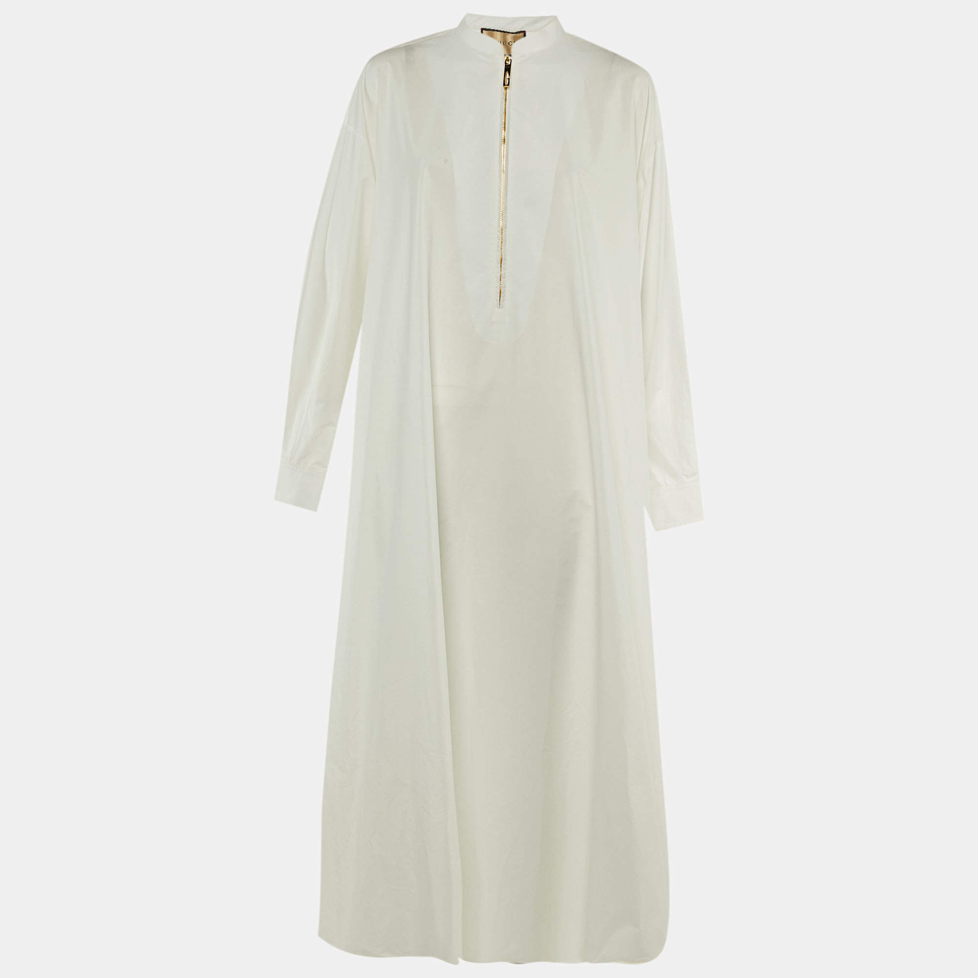 Pre Owned Gucci White Cotton Zip UP Maxi Dress M