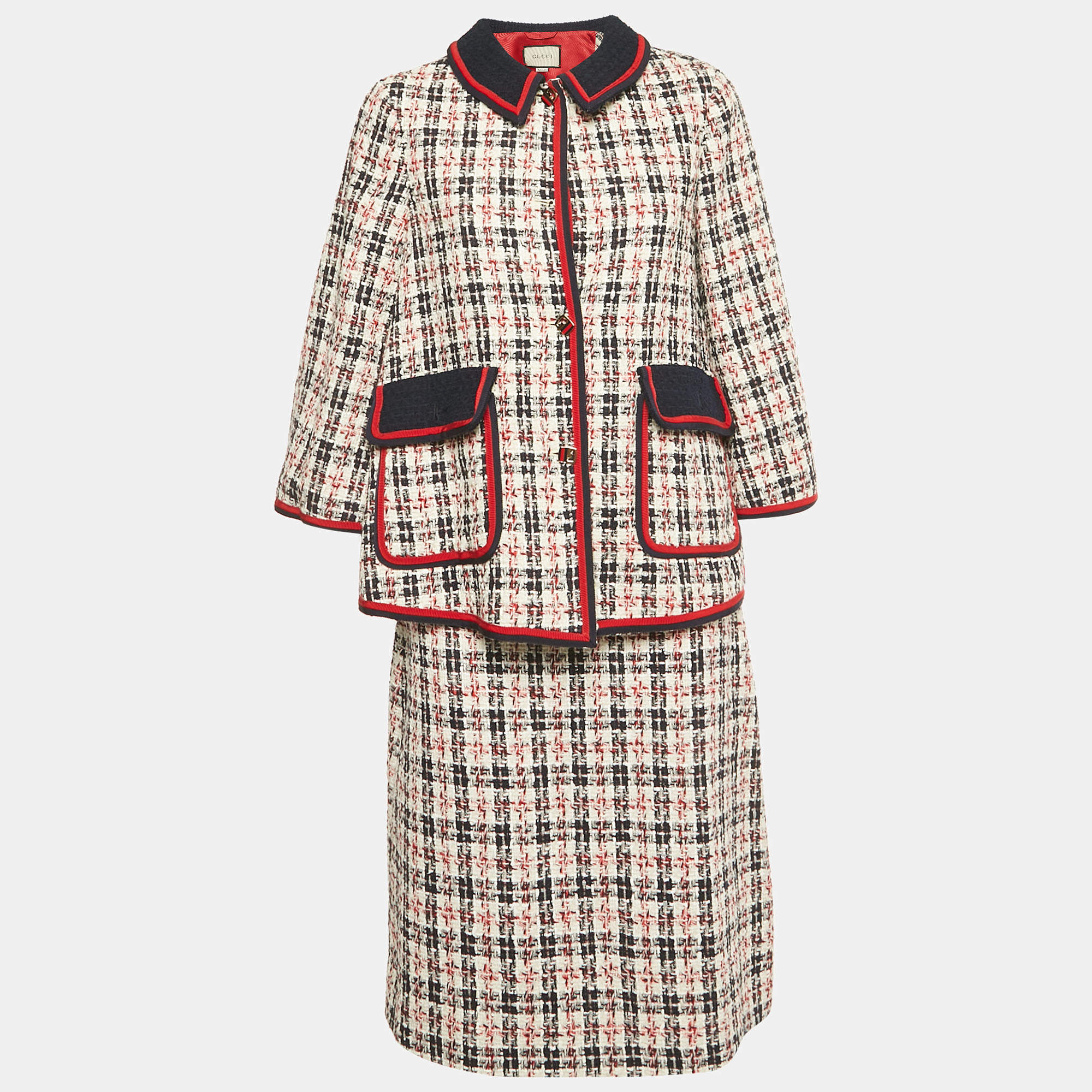 مملوكة مسبقًا Gucci Navy Blue/White Tweed Jacket & Skirt Set M/L