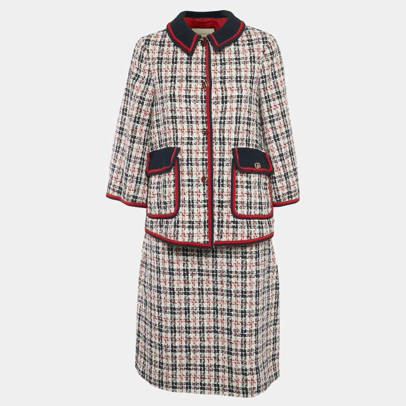 Pre Owned طقم جاكيت وتنورة غوتشي تويد أزرق كحلي/أبيض مقاس متوسط/كبير - ميديوم/لارج