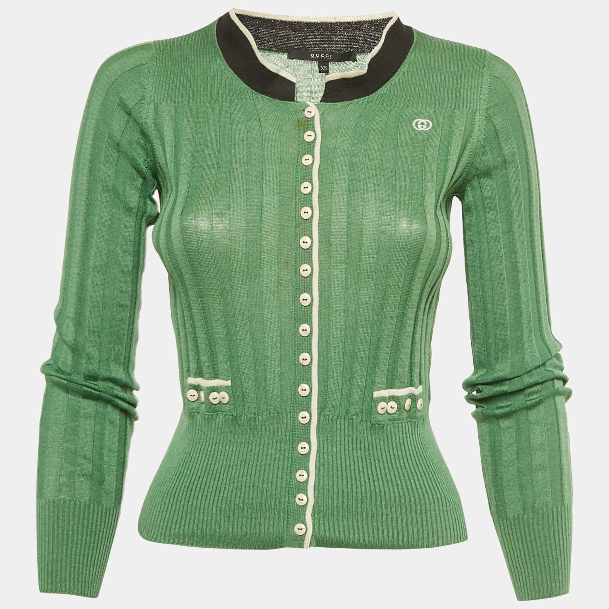 مملوكة مسبقًا Gucci Green Linen Blend Knit Long Sleeve Cardigan XS