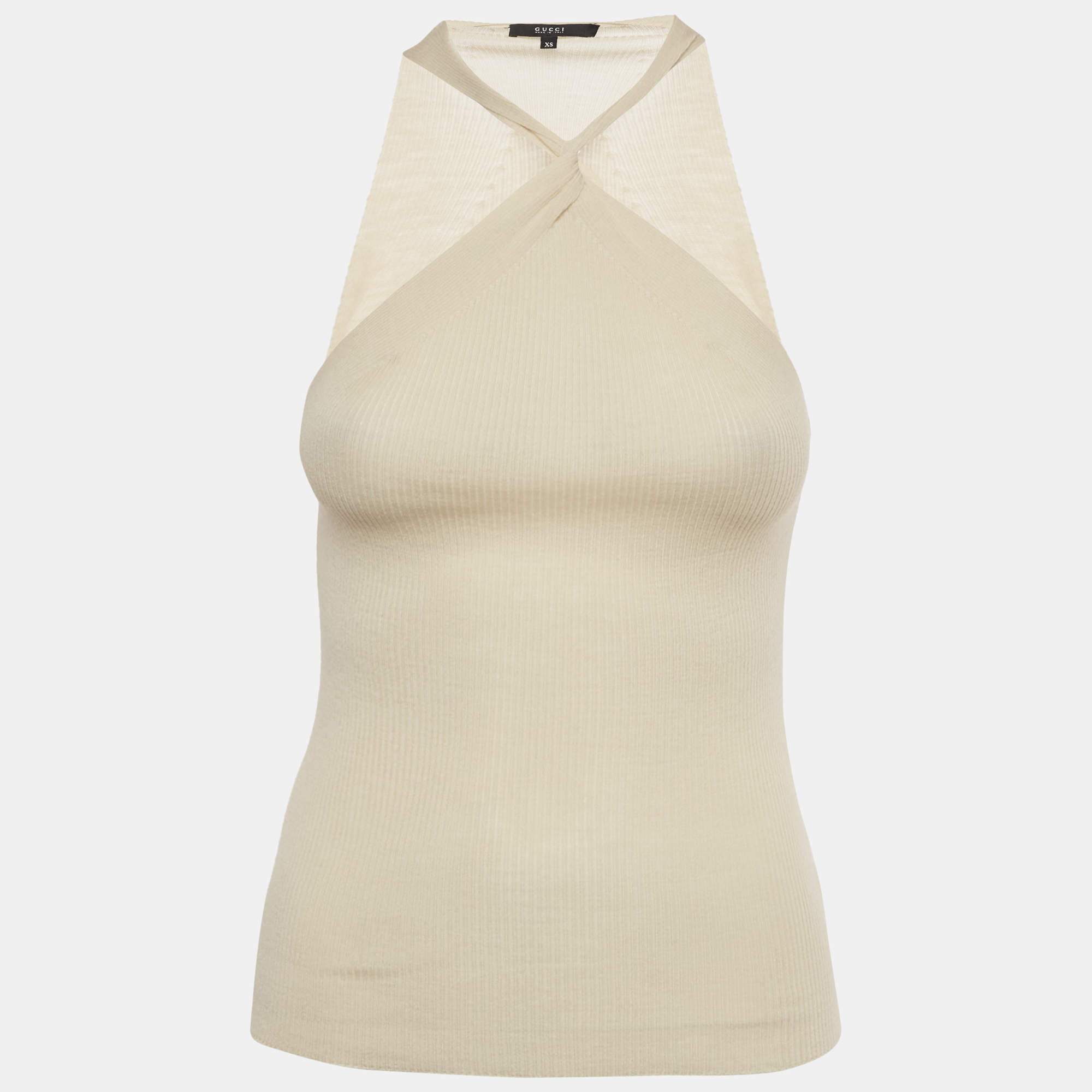 مملوكة مسبقًا Gucci Beige Rib Knit Twisted Neck Top XS