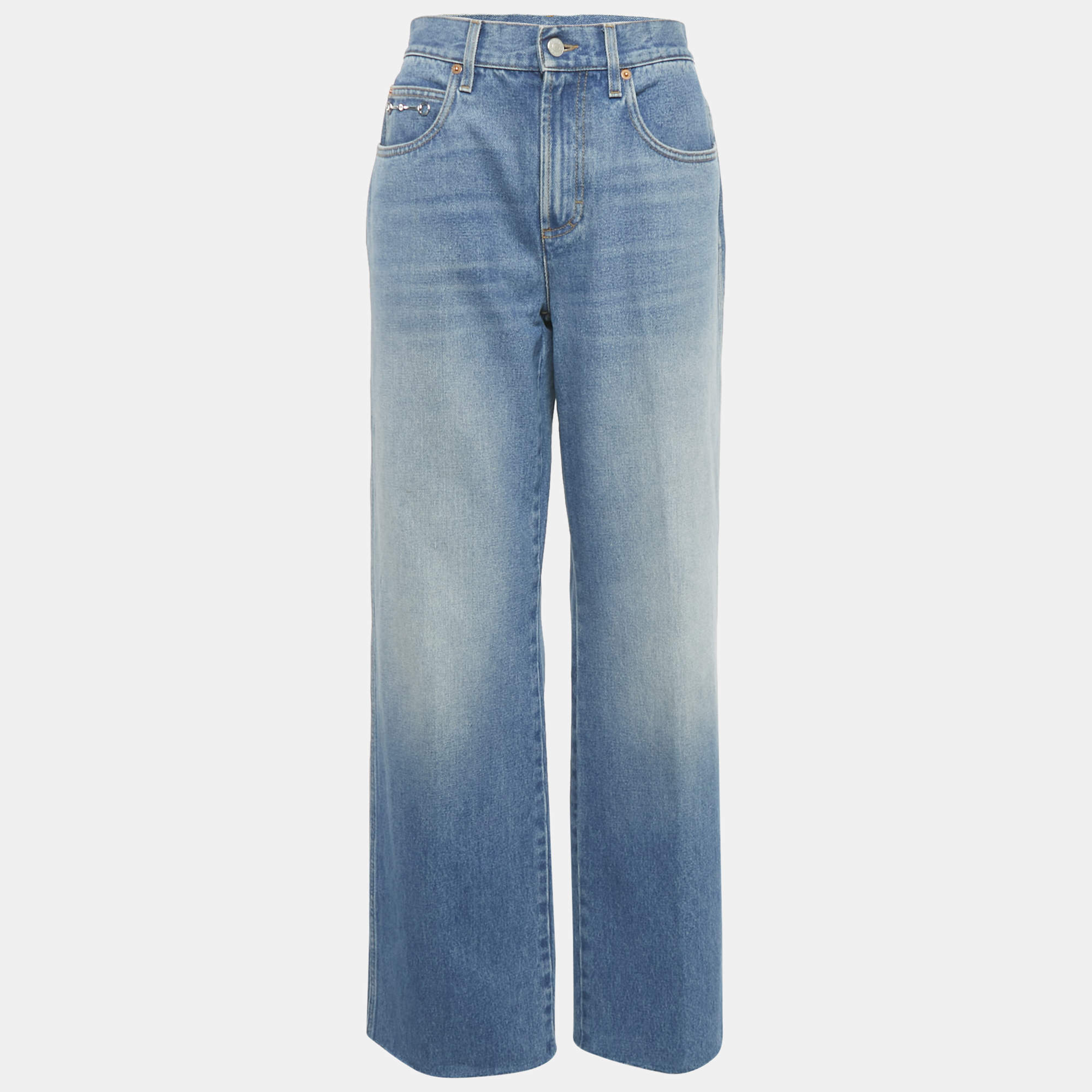 Pre Owned بنطلون جينز غوتشي دينم أزرق بتفاصيل هورسبيت مع حافة مهترئة مقاس وسط (ميديم) مقاس الخصر 29 بوصة