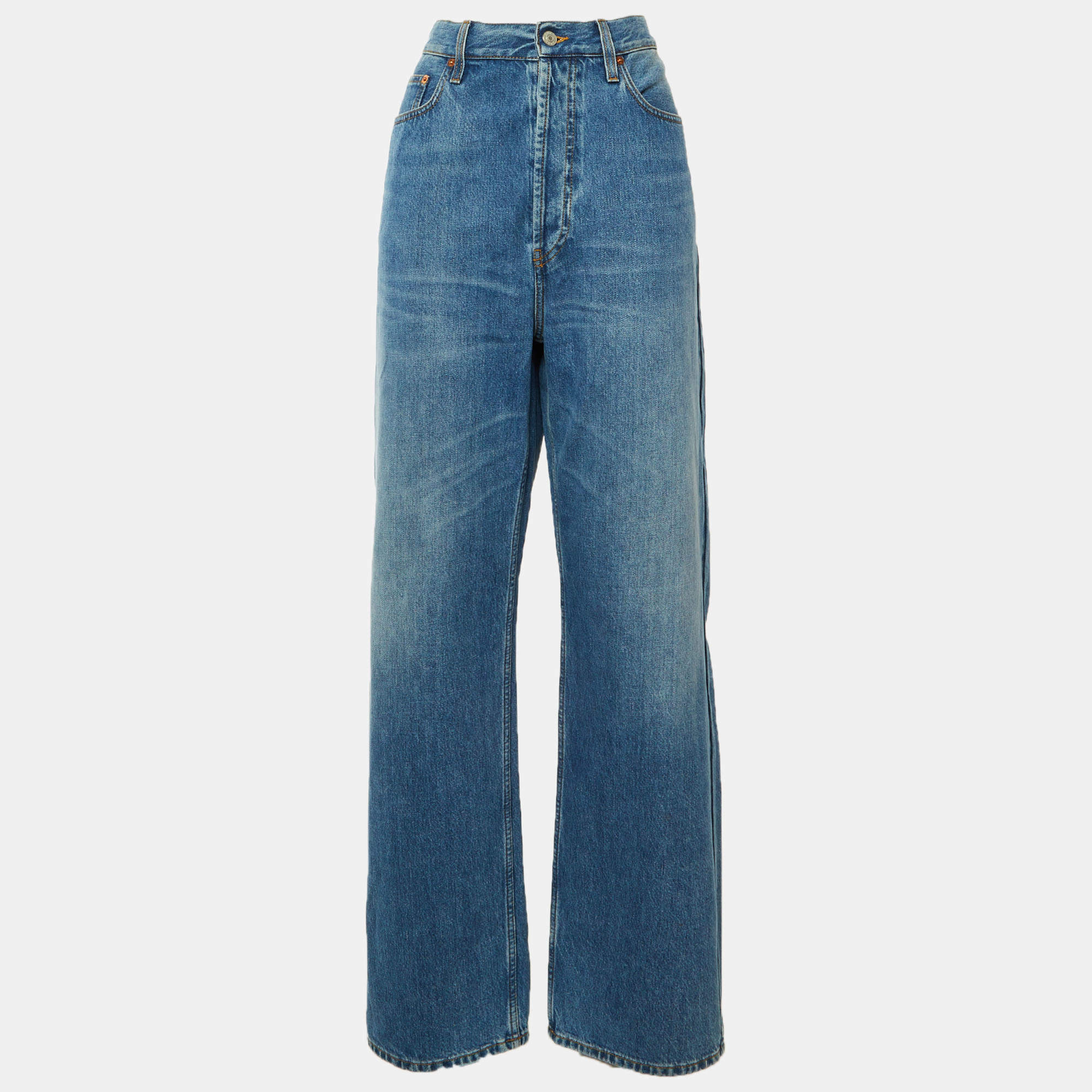 Pre Owned Gucci Blue Logo Patch Denim Wide Leg Jeans M Waist 32"