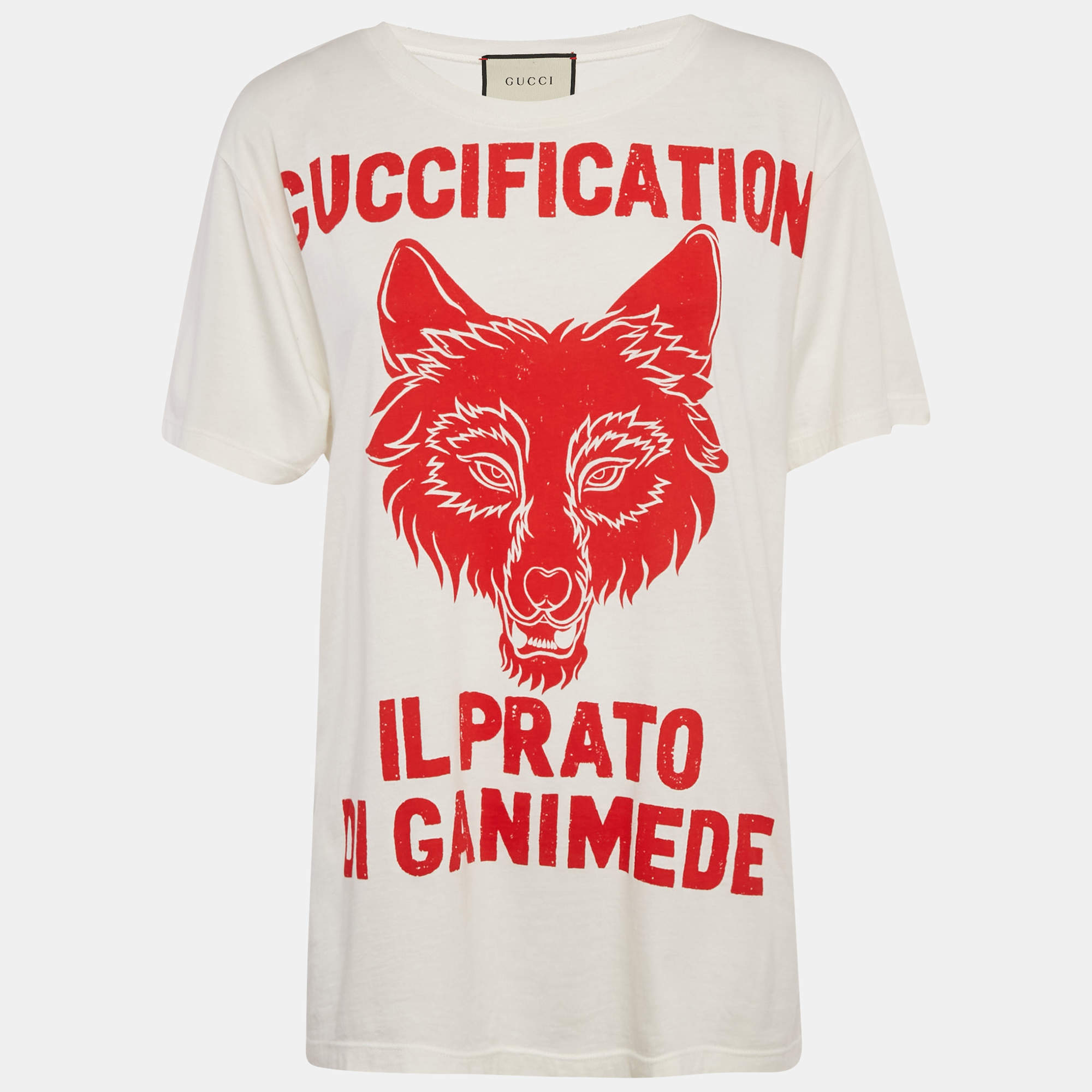 Pre Owned تي شيرت غوتشي قطن بطبعة غرافيك كريم فضفاض المقاس صغير - سمول