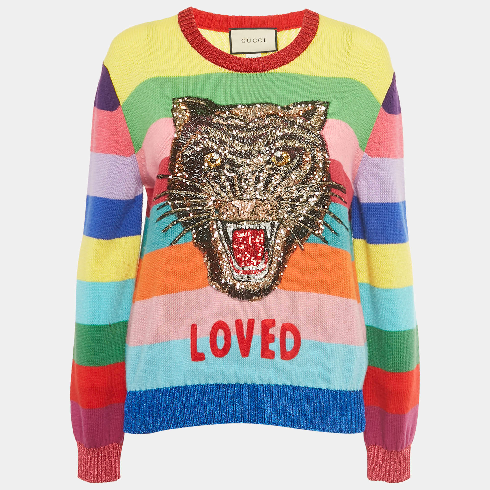 مملوكة مسبقًا Gucci Multicolor Striped Wool Big Cat Sequin Sweater L