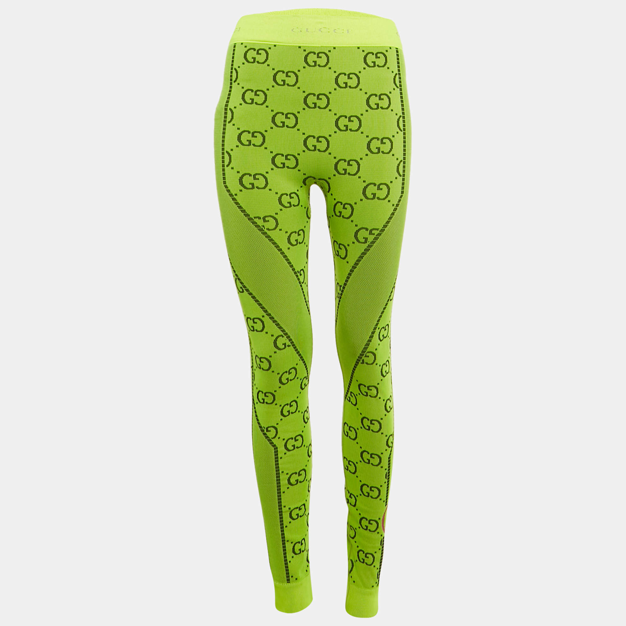 Pre Owned Gucci Neon Green GG Jacquard Jersey Leggings S
