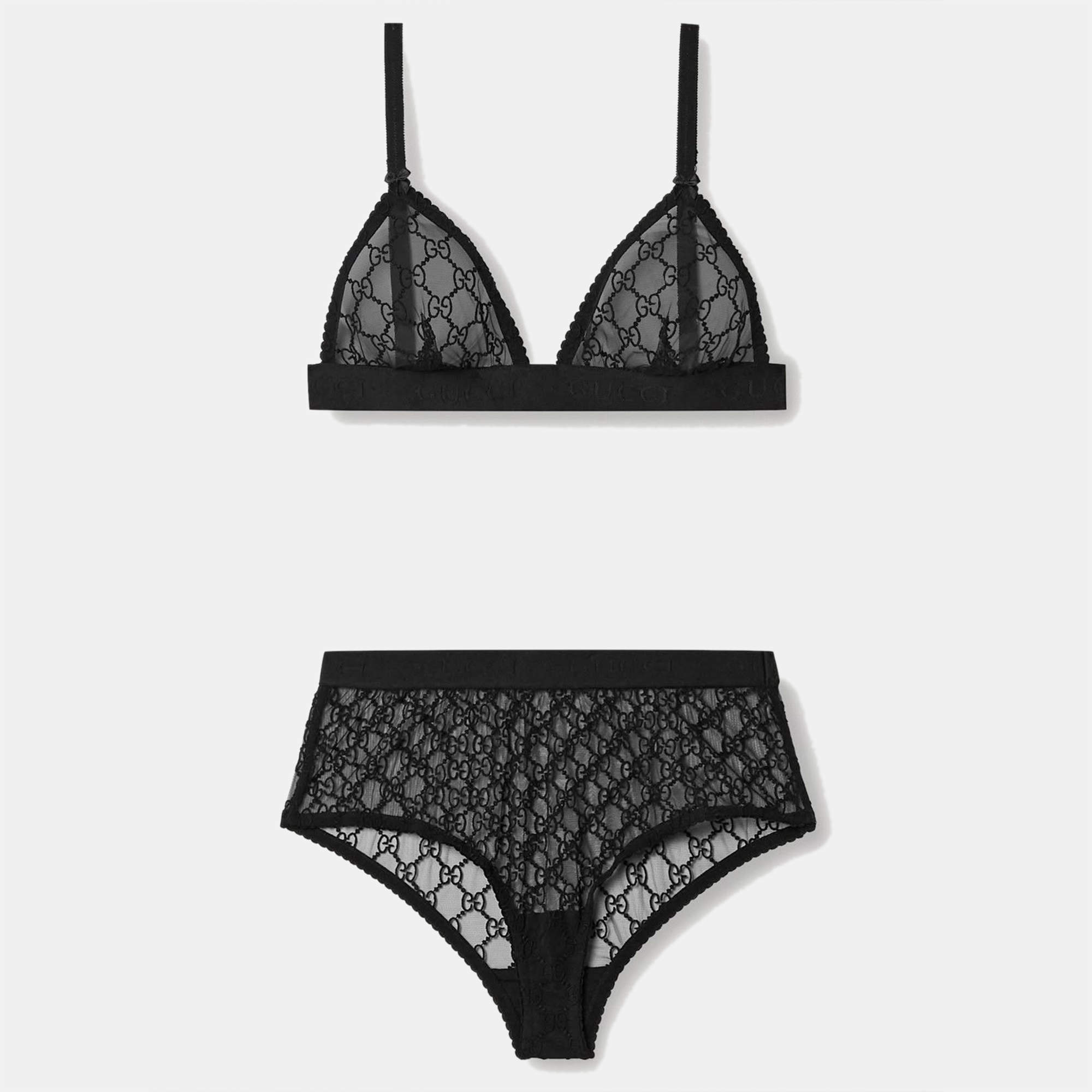 Pre Owned Gucci Black GG Embroidered Tulle Sheer Lingerie Set L