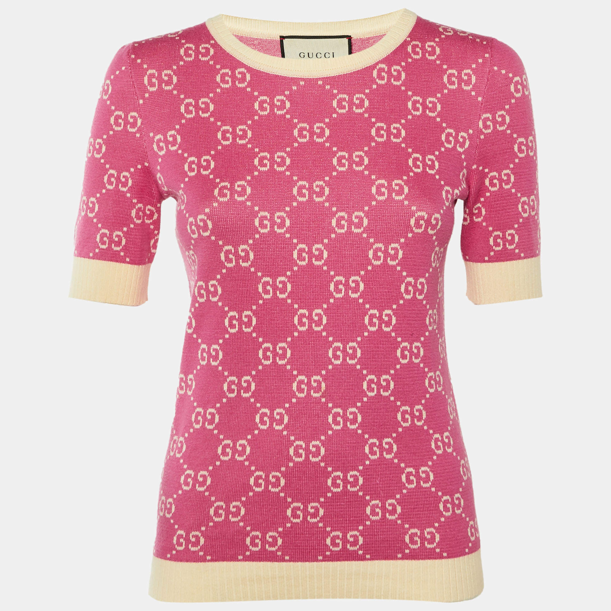 Pre Owned Gucci Pink GG Jacquard Knit Crew Neck Jumper S