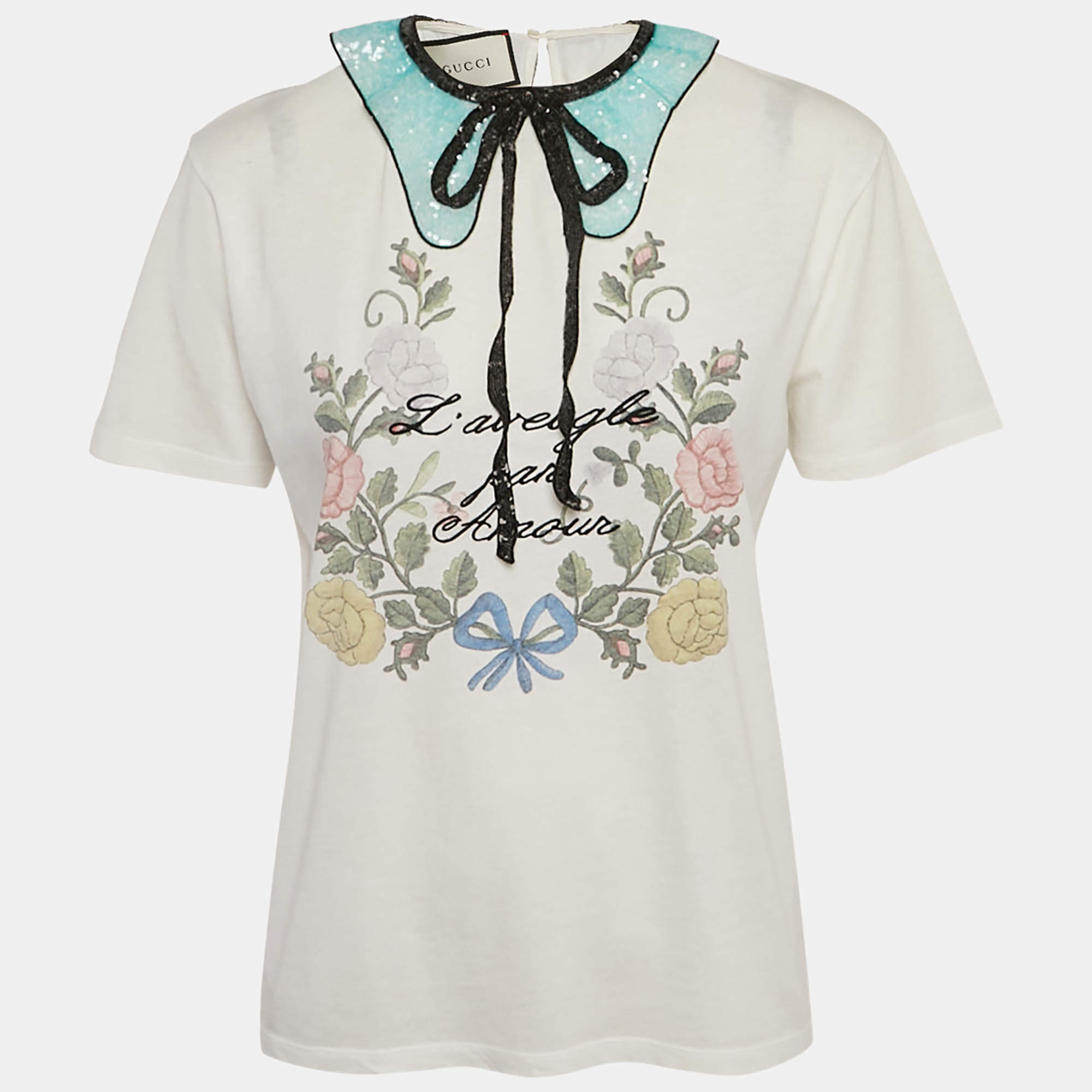مملوكة مسبقًا Gucci White Floral Print Jersey Sequin Collar Top M