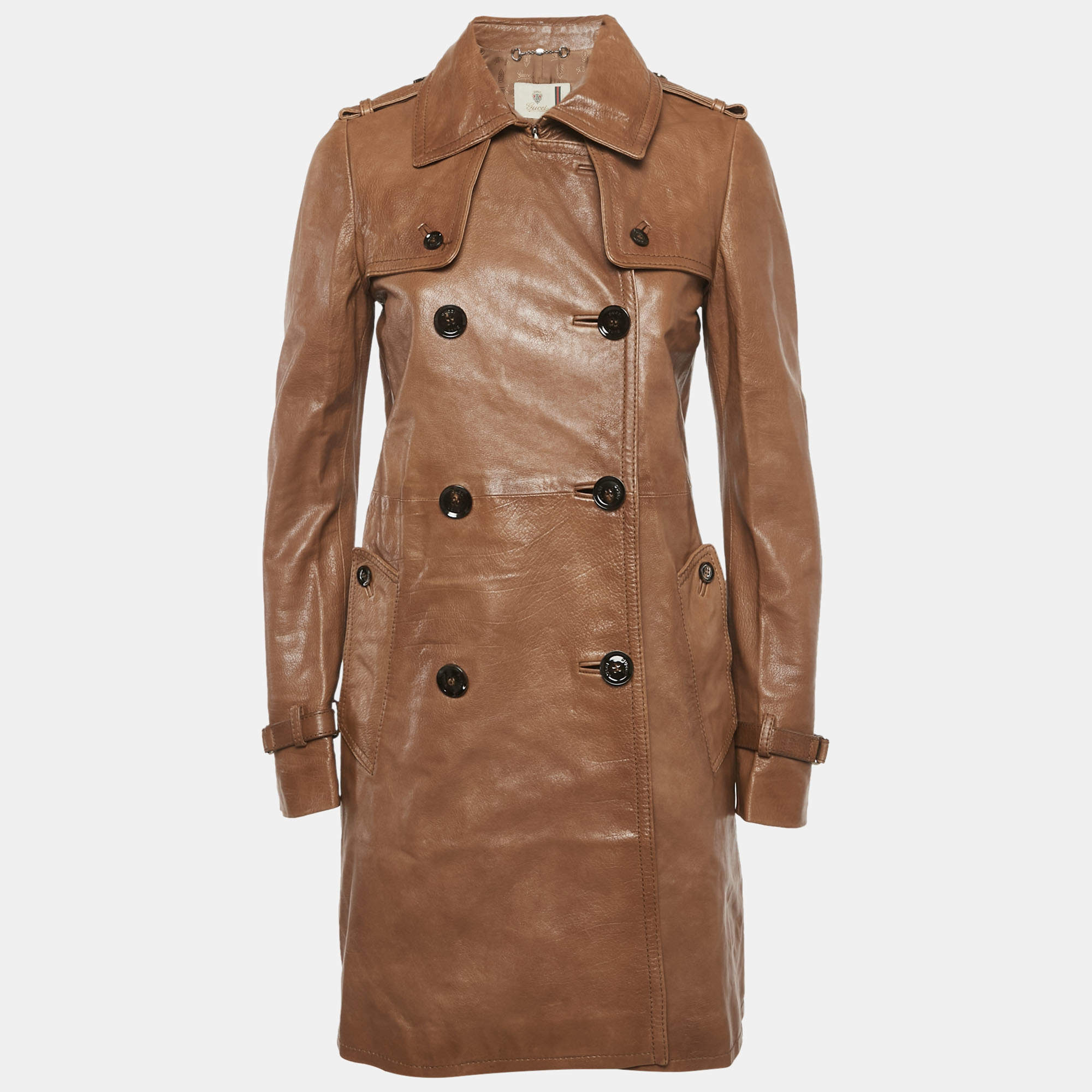 Pre Owned Gucci Brown Leather Double Breasted Trench Coat S