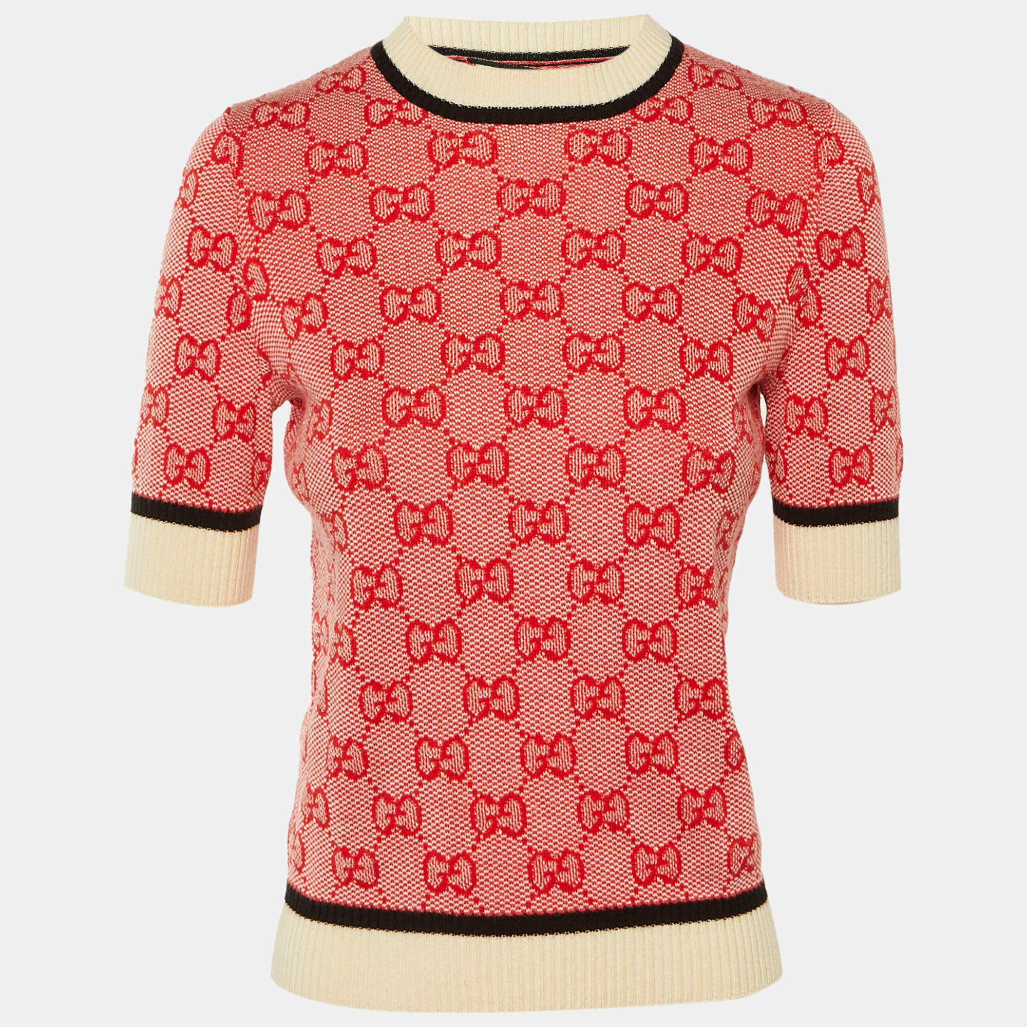 Pre Owned Gucci Red GG Jacquard Wool & Cotton Crew Neck Top S