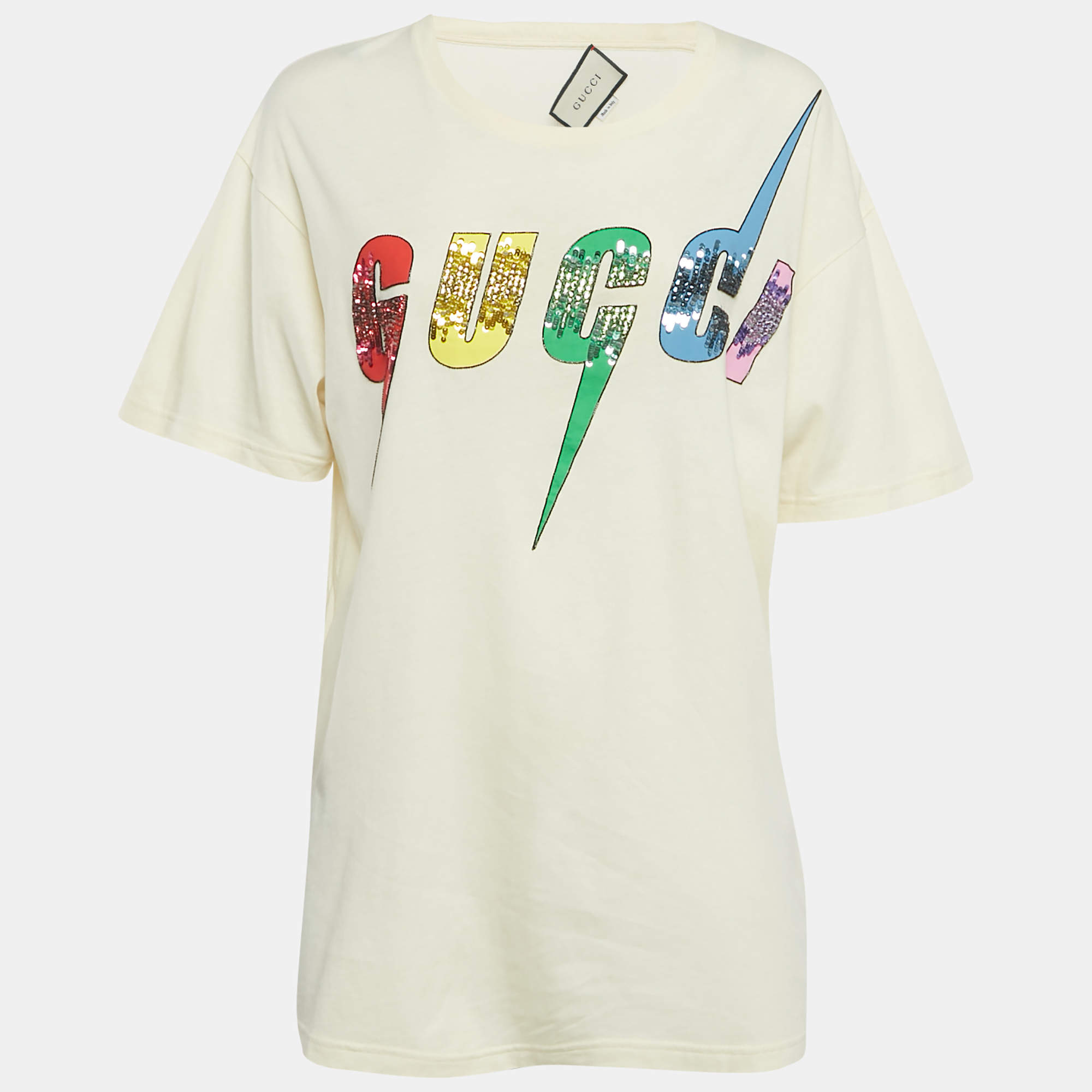 Pre Owned Gucci Cream Embellished Logo Jersey Oversized T-Shirt S