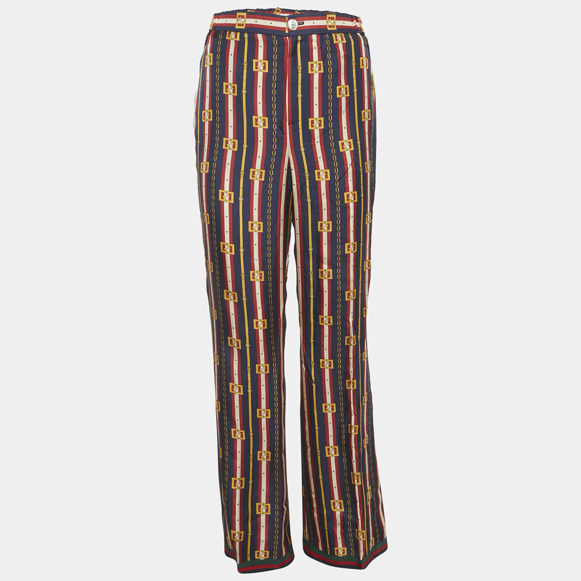 Pre Owned Gucci Blue/Red Striped Silk Web Detail Trousers M