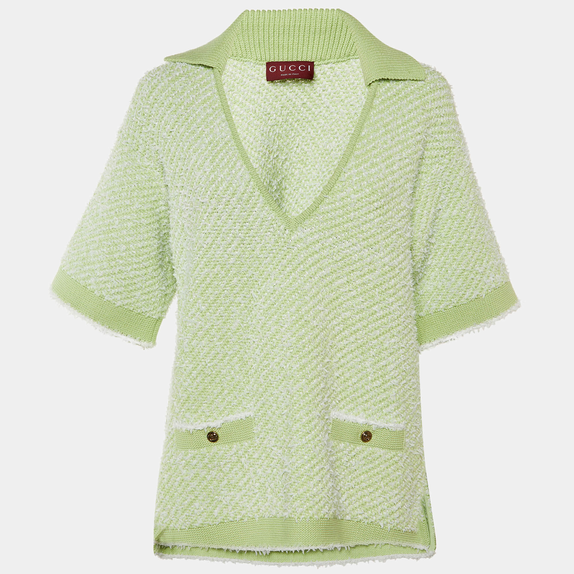 Pre Owned Gucci Green Cotton Boucle V-Neck Polo Top M