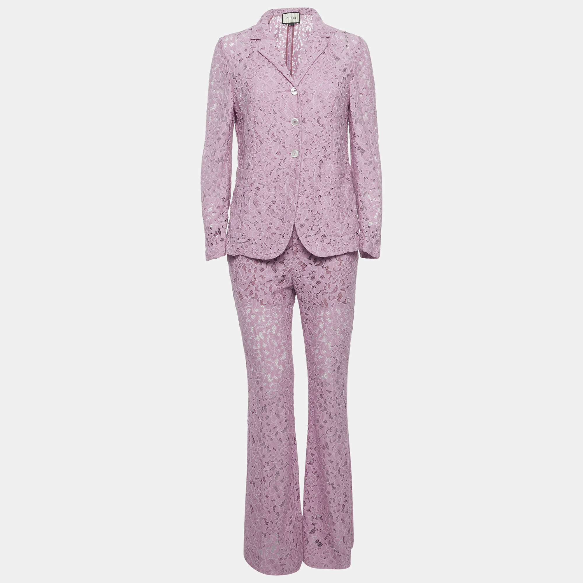 Pre Owned بدلة غوتشي دانتيل وردي مفصلة بنطال مقاس صغير