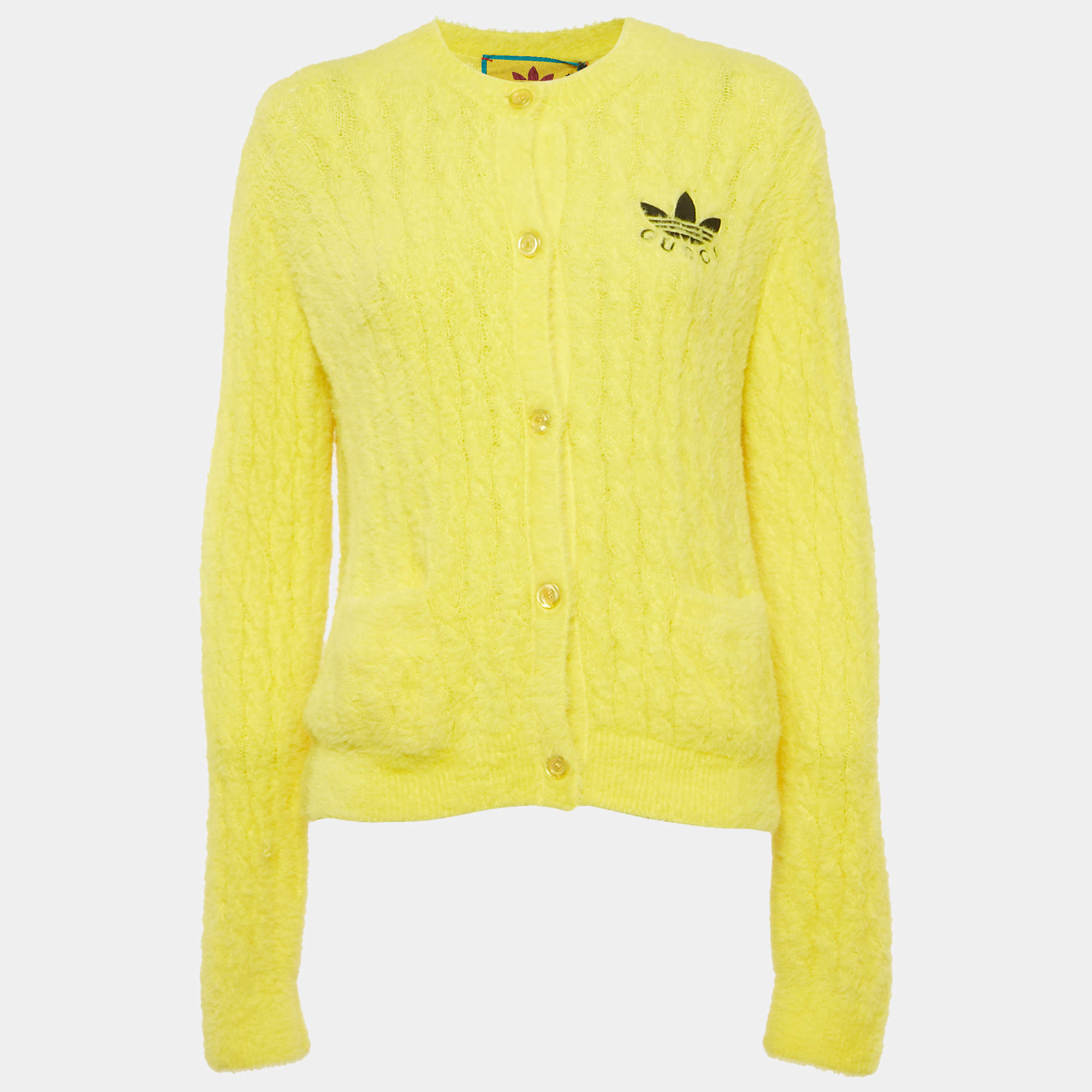 Pre Owned Gucci X Adidas Yellow Embroidered Faux Fur Buttoned Cardigan XL