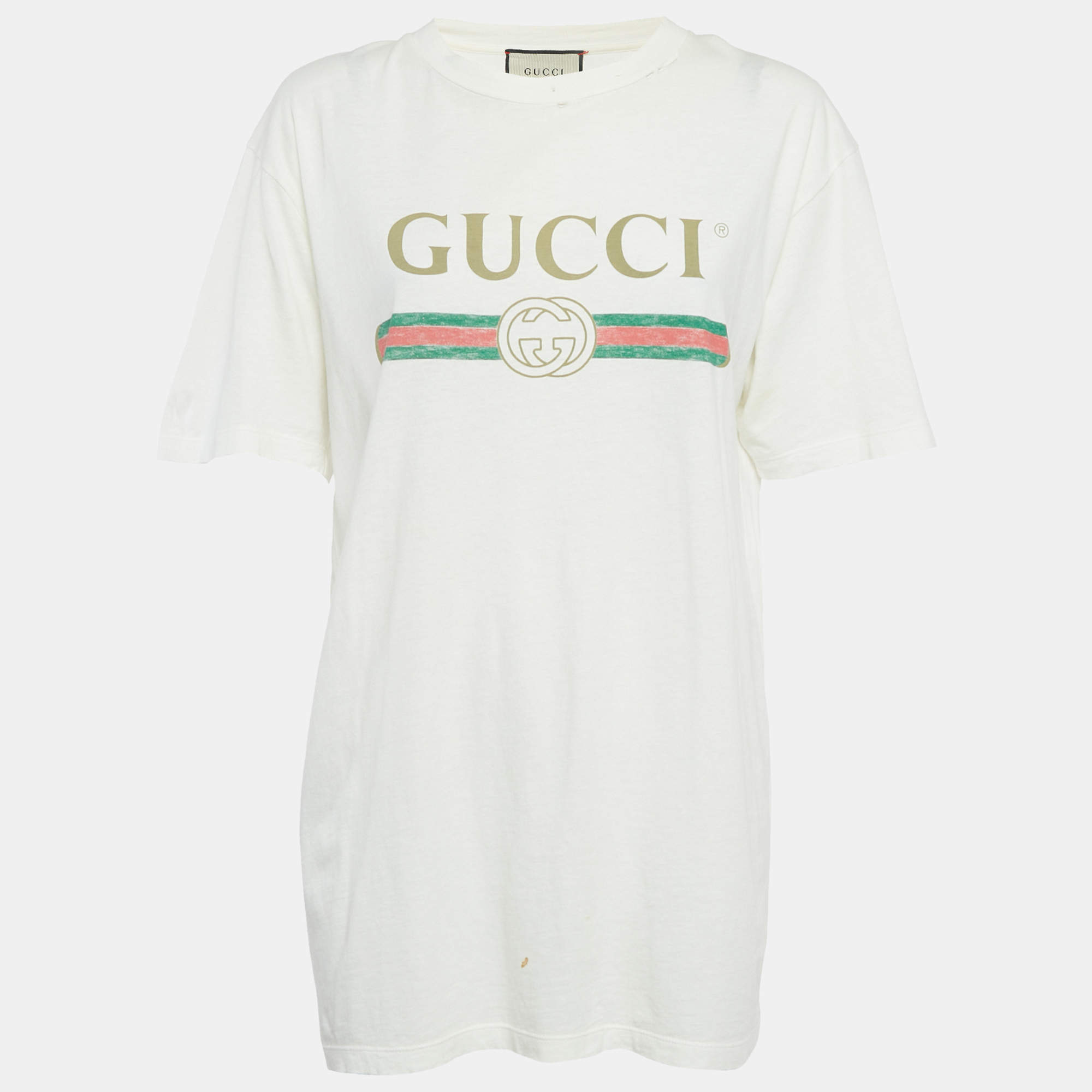 Pre Owned Gucci White Print Cotton Distressed T-Shirt M