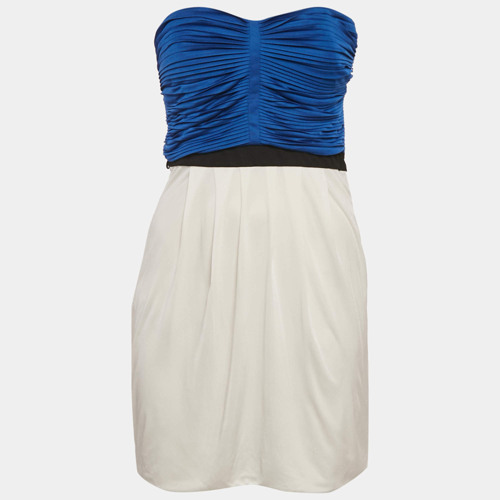 Pre Owned Gucci Blue & White Jersey Pleated Strapless Mini Dress S