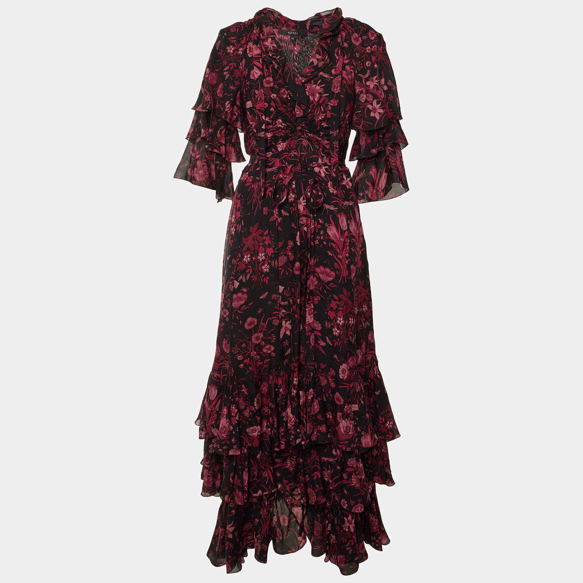 Pre Owned Gucci Black Floral Print Tiered Maxi Dress M