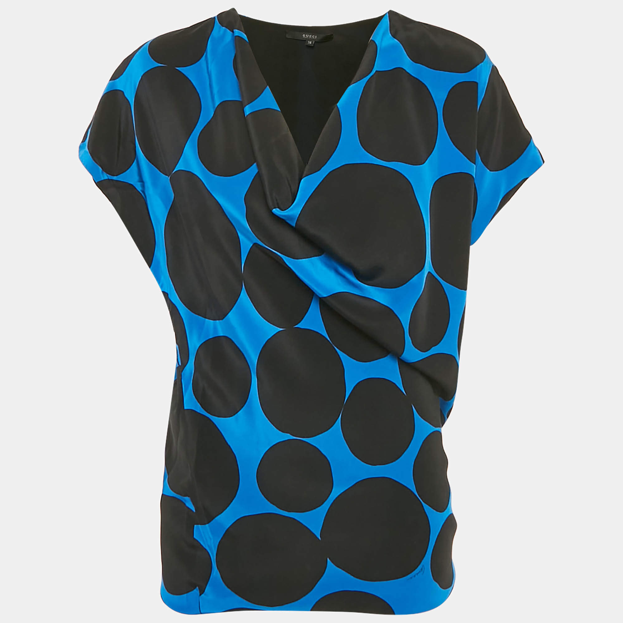 Pre Owned Gucci Blue/Black Polka Dots Silk Cowl Neck Mini Dress S