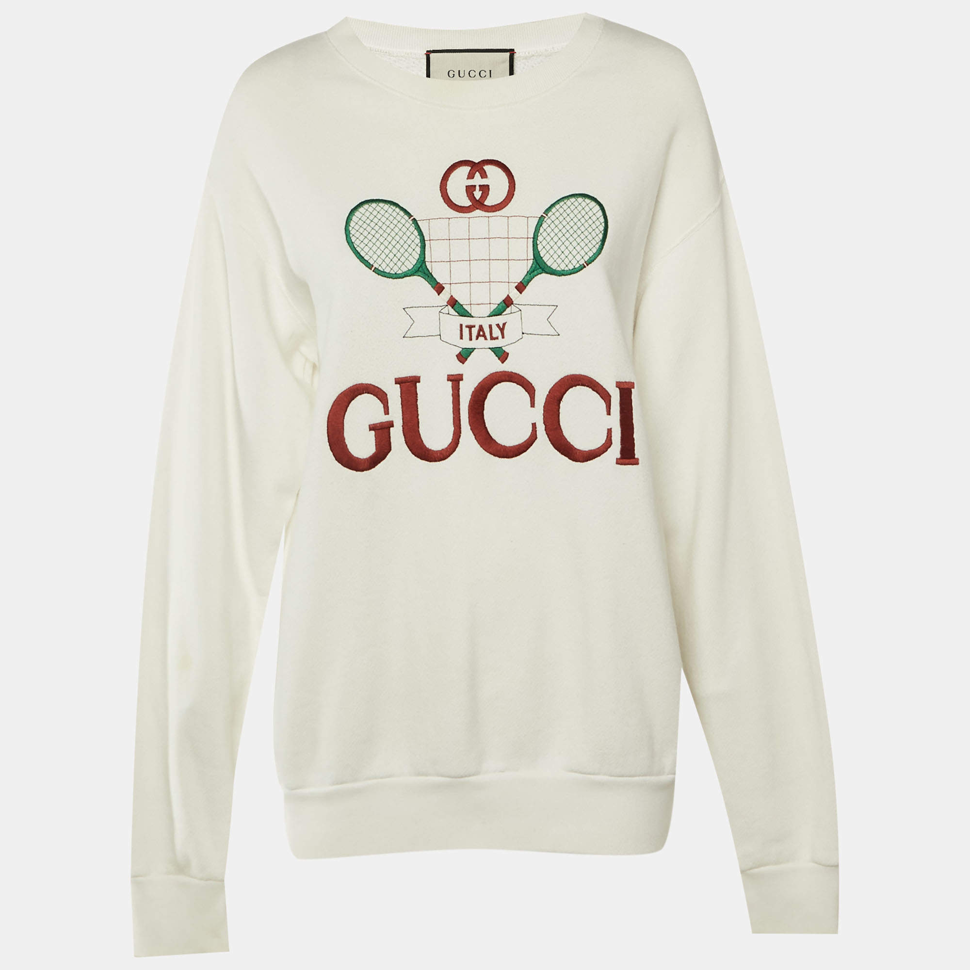 مملوكة مسبقًا Gucci Off-White Cotton Tennis Embroidered Crew Neck Sweatshirt S