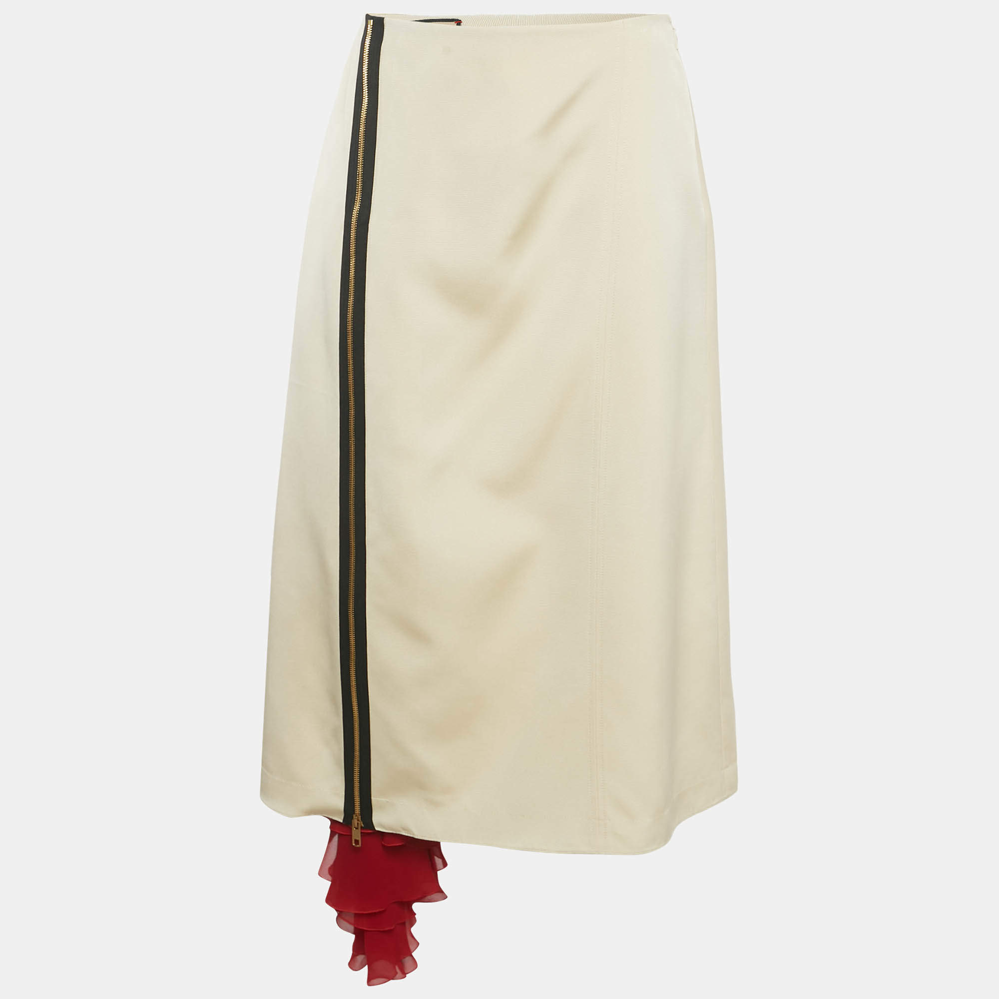 Pre Owned Gucci Cream Crepe and Silk Ruffle Trim Midi Skirt M